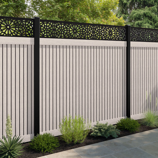 Virtis Alnara Fence Panel - Mid Stone - with our aluminium posts