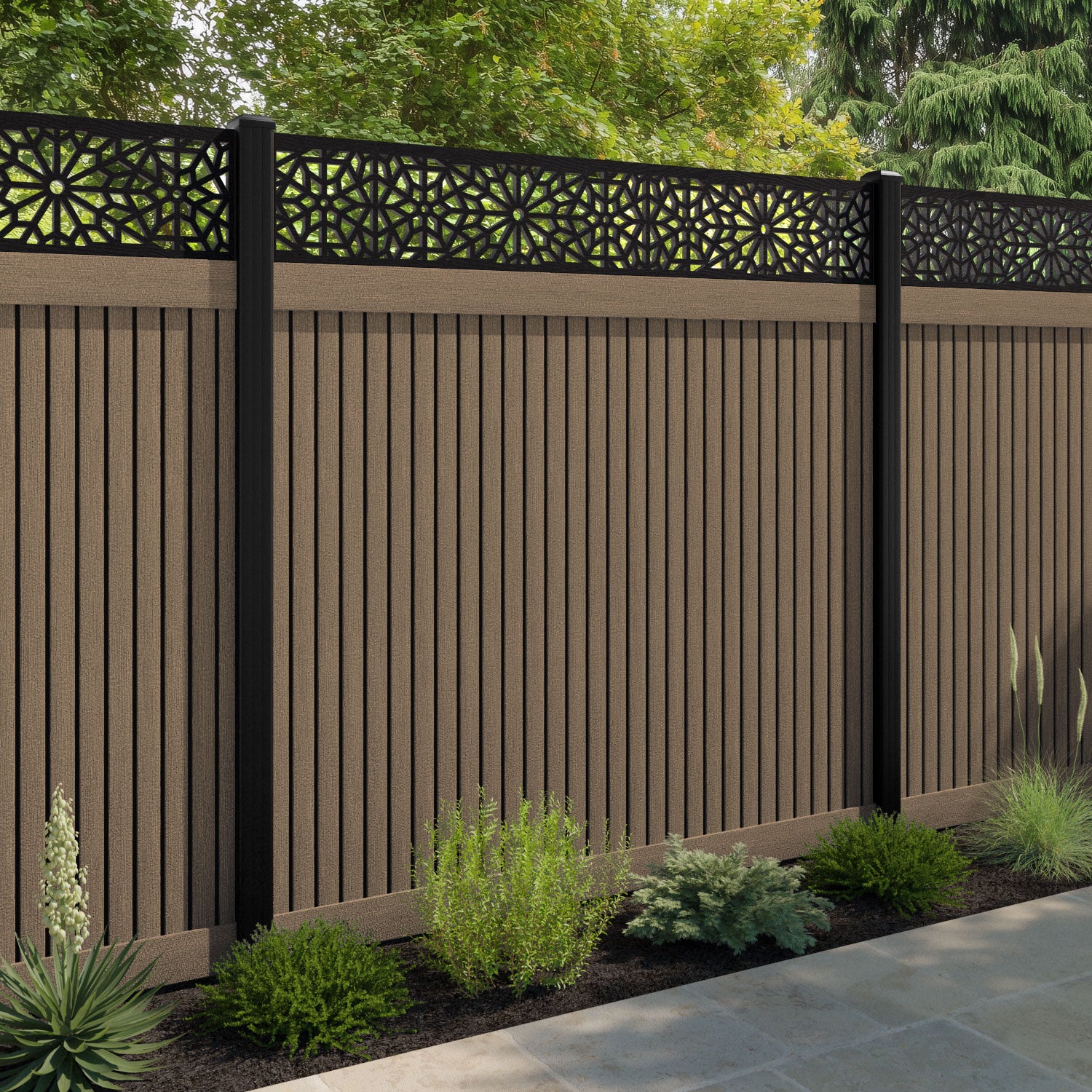 Virtis Alnara Fence Panel - Teak - with our aluminium posts