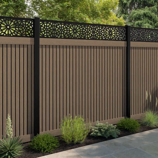 Virtis Alnara Fence Panel - Teak - with our aluminium posts