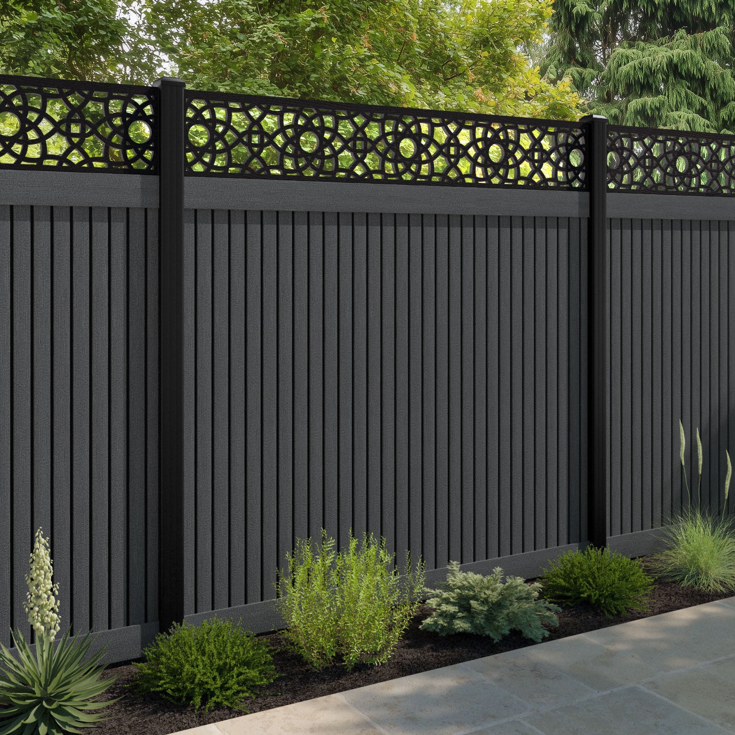 Virtis Ambar Fence Panel - Dark Grey - with our aluminium posts