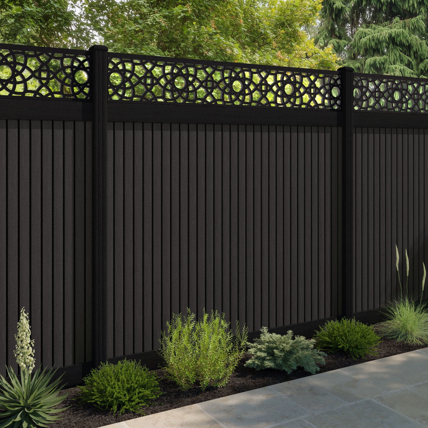Virtis Ambar Fence Panel - Dark Oak - with our composite posts