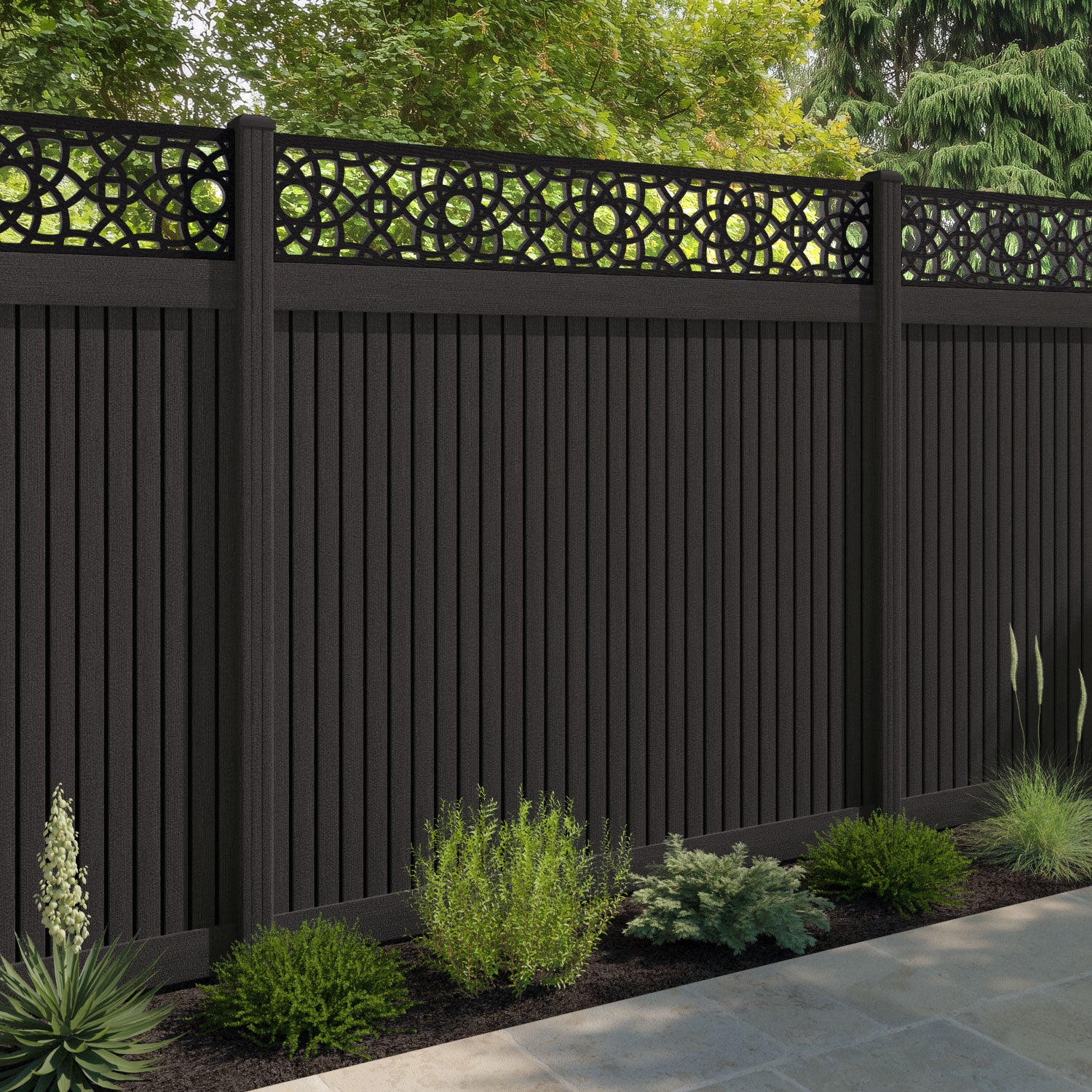 Virtis Ambar Fence Panel - Dark Oak - with our composite posts