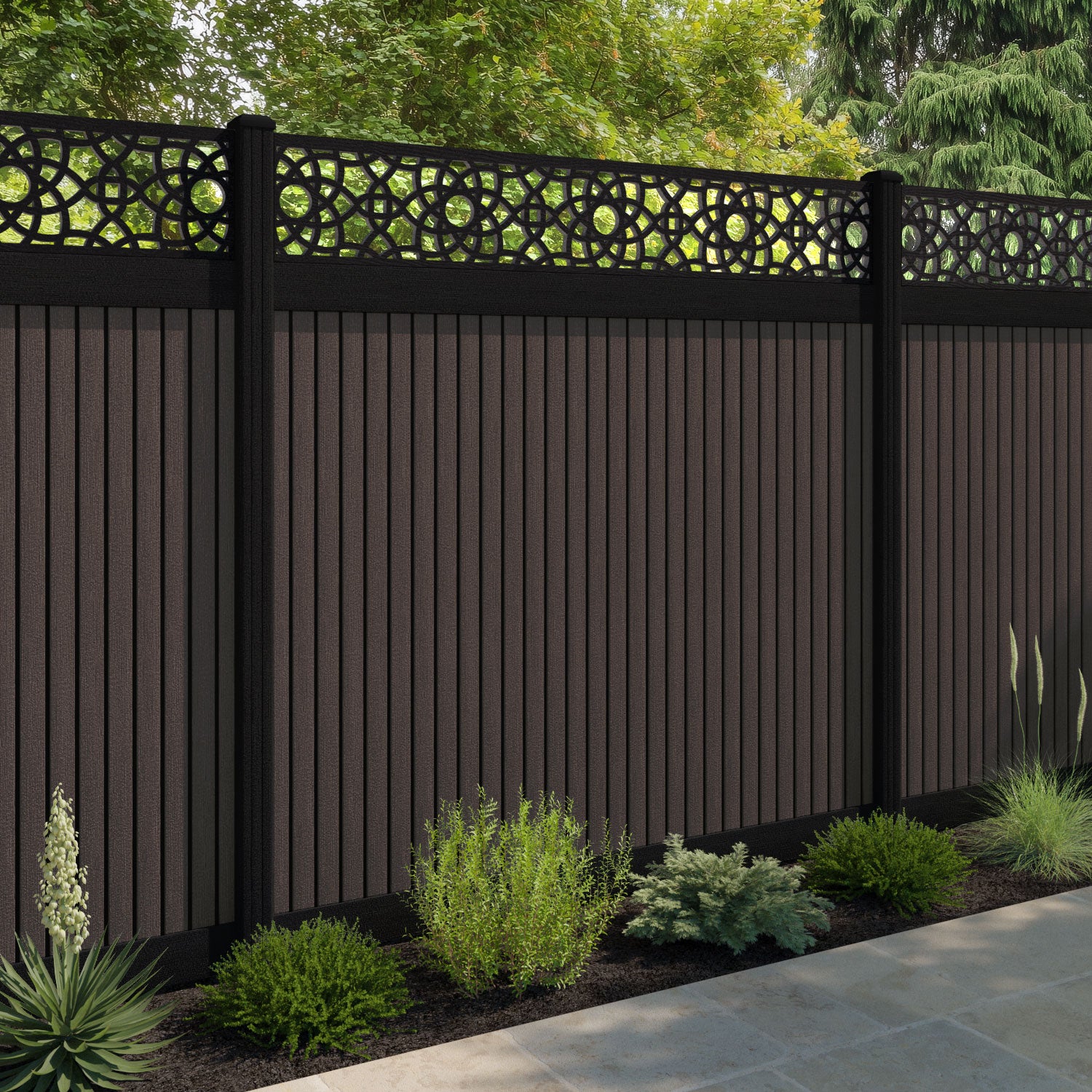 Virtis Ambar Fence Panel - Mid Brown - with our composite posts
