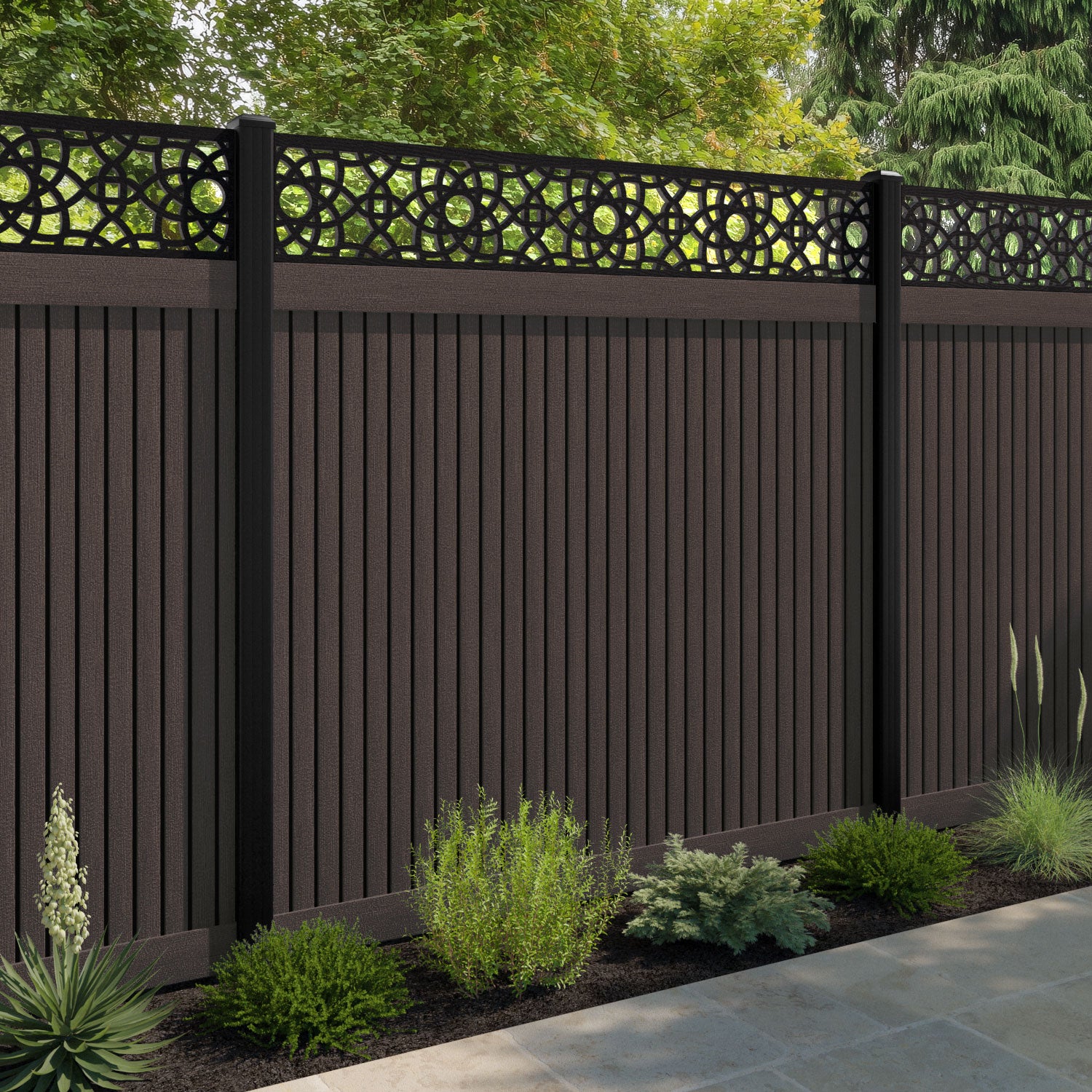 Virtis Ambar Fence Panel - Mid Brown - with our composite posts