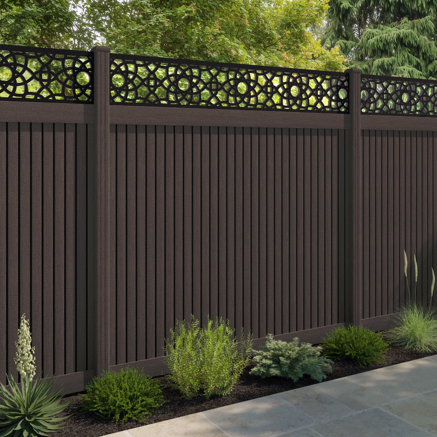Virtis Ambar Fence Panel - Mid Brown - with our composite posts