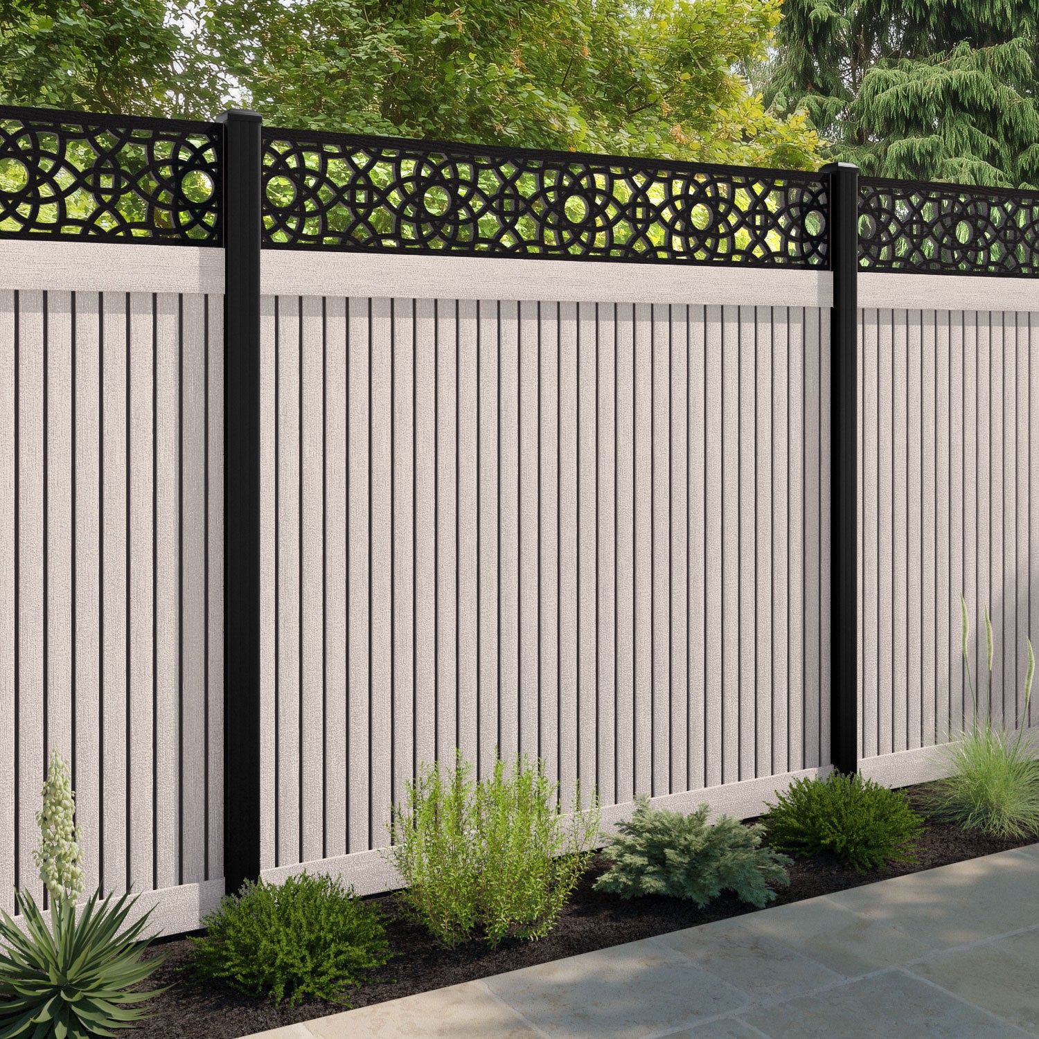 Virtis Ambar Fence Panel - Mid Stone - with our aluminium posts