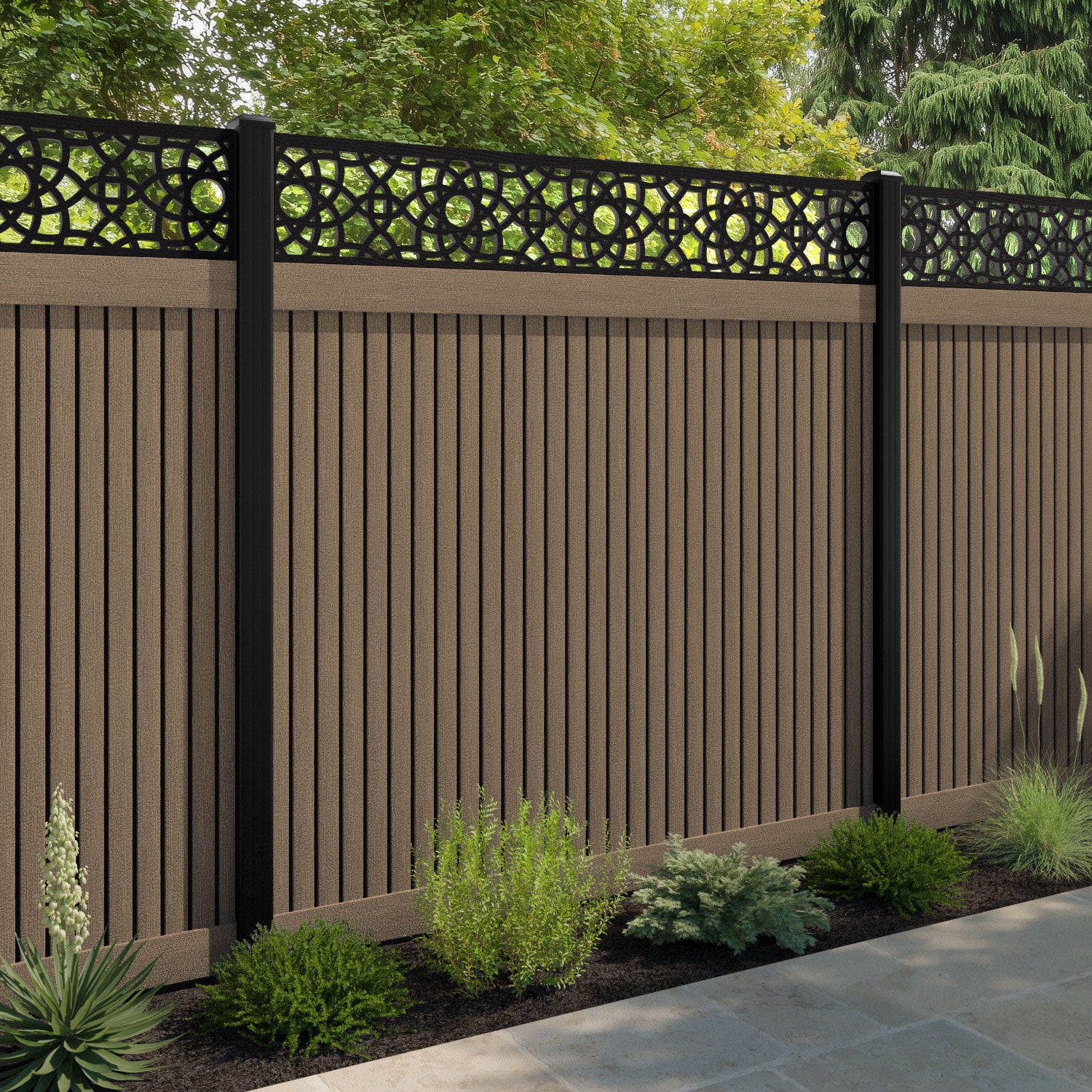 Virtis Ambar Fence Panel - Teak - with our composite posts