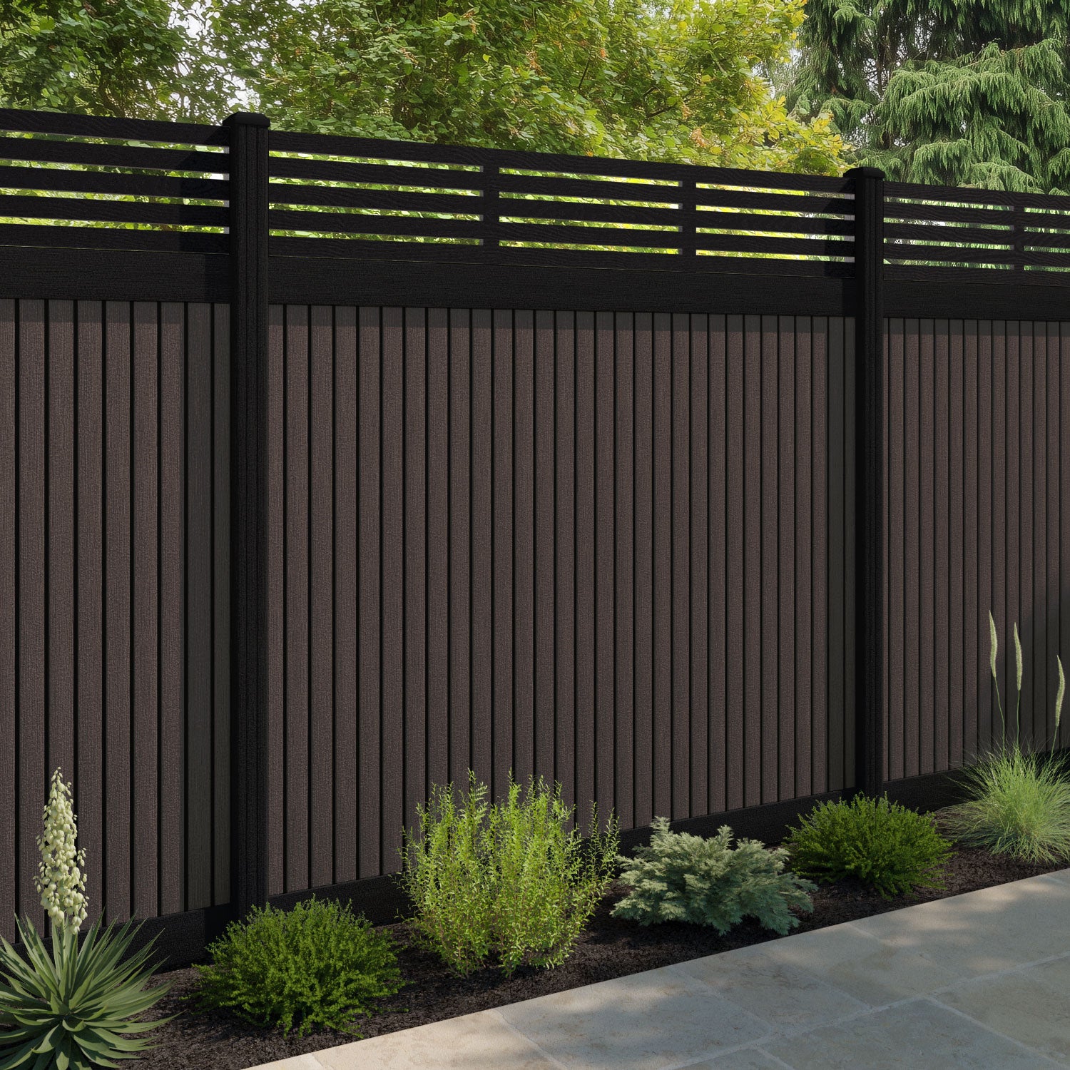 Virtis Aspen Fence Panel - Mid Brown - with our aluminium posts