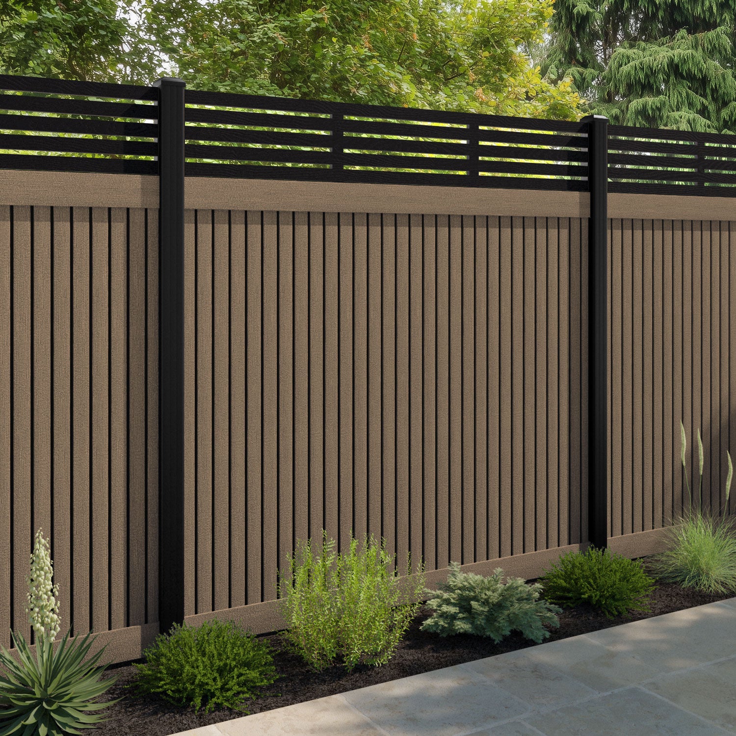 Virtis Aspen Fence Panel - Teak - with our aluminium posts