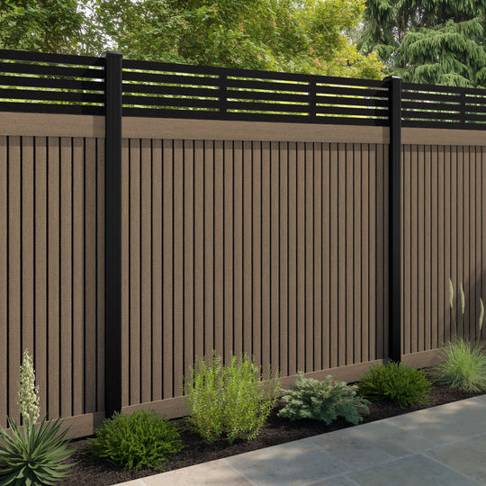 Virtis Aspen Fence Panel - Teak - with our aluminium posts