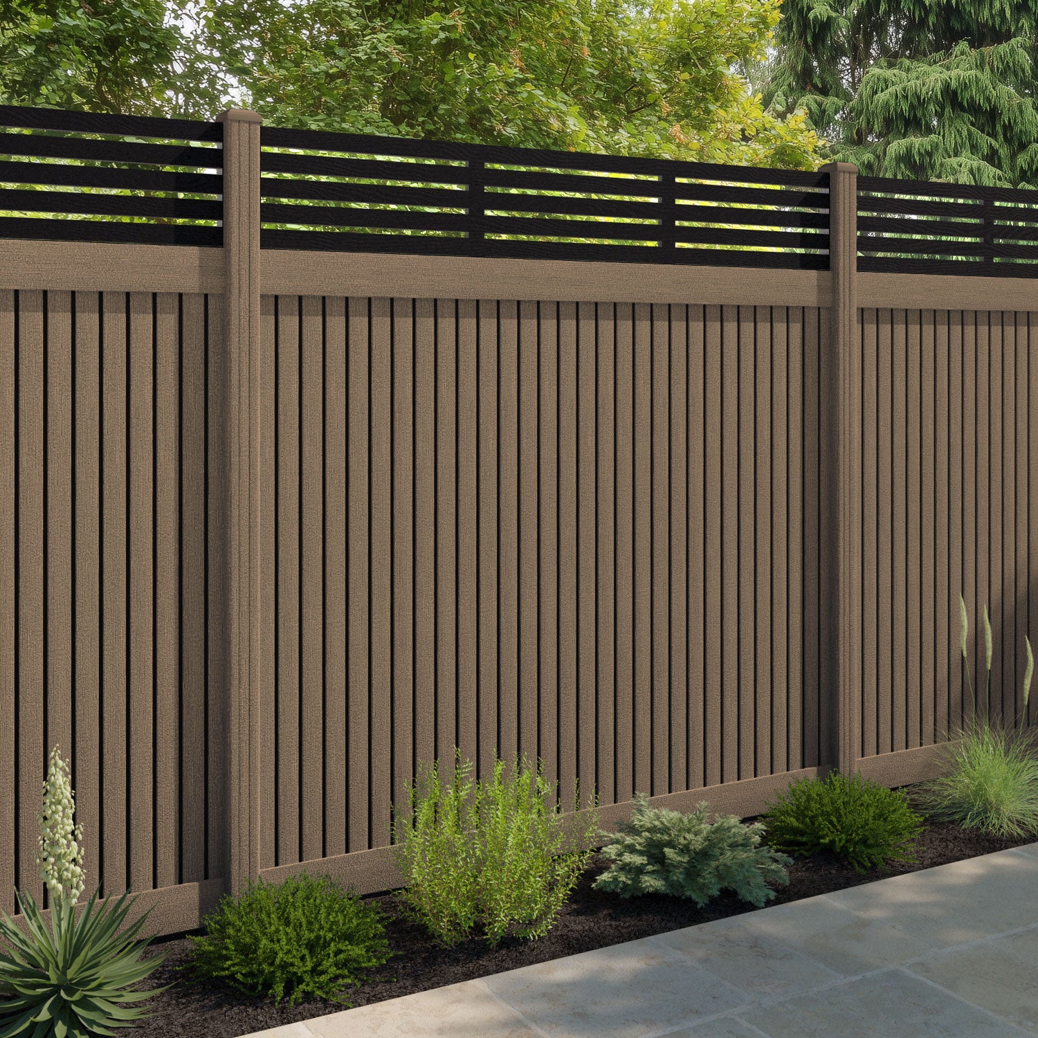 Virtis Aspen Fence Panel - Teak - with our composite posts