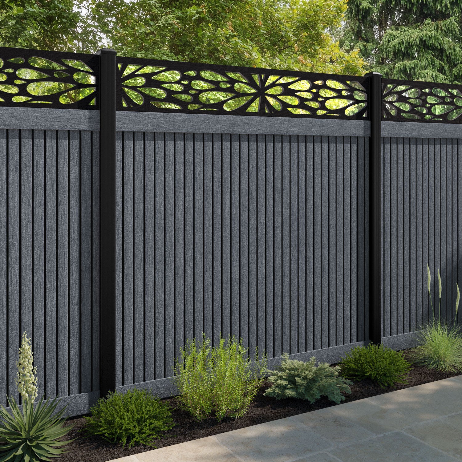 Virtis Blossom Fence Panel - Anthracite - with our aluminium posts