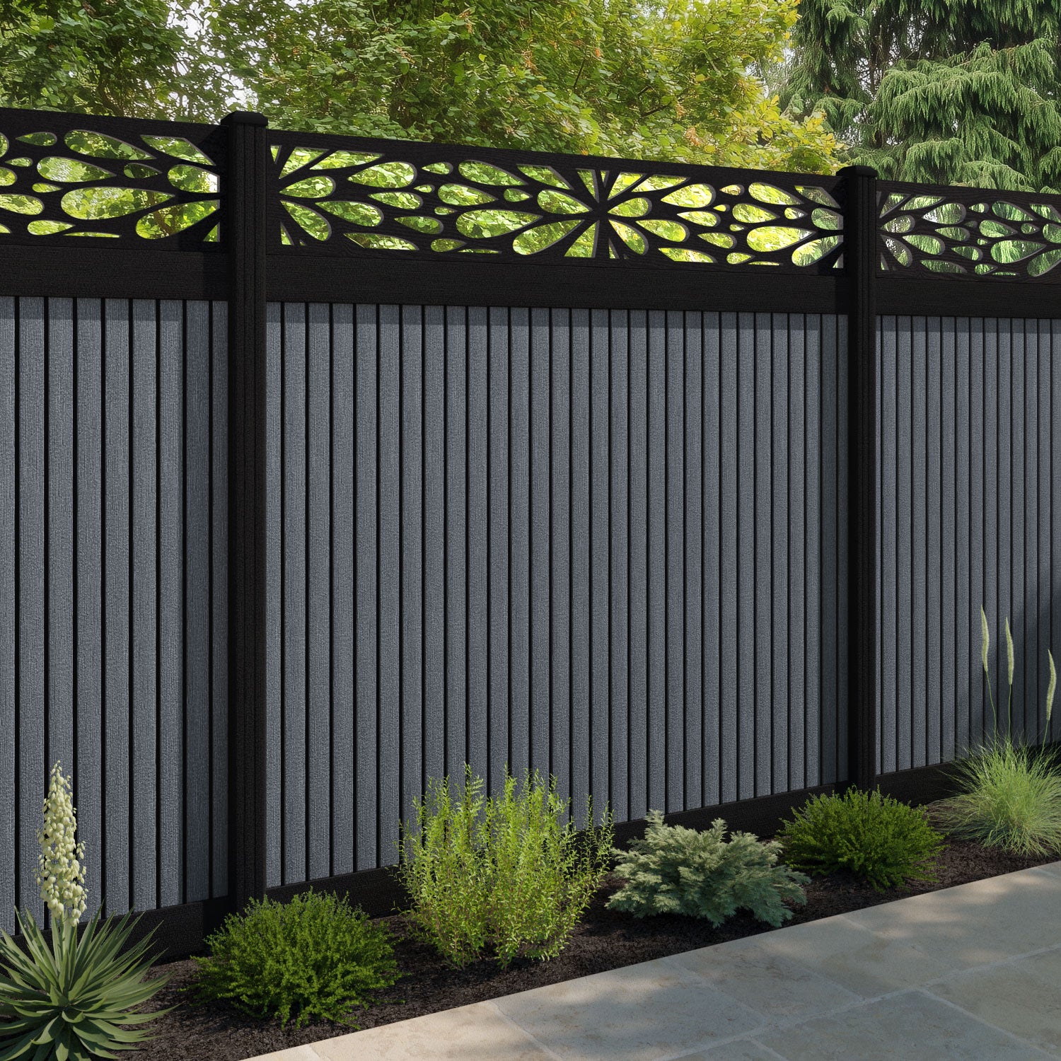 Virtis Blossom Fence Panel - Anthracite - with our aluminium posts