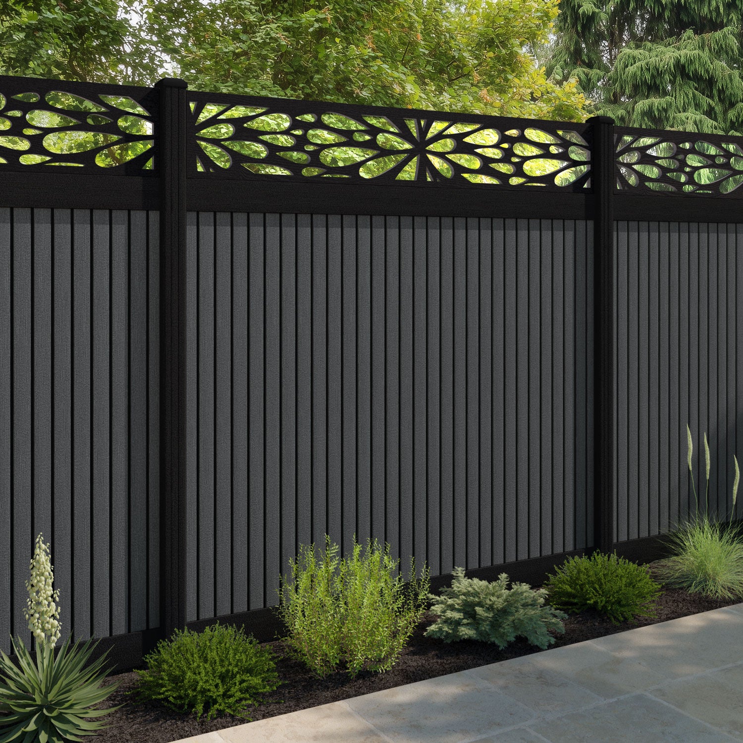 Virtis Blossom Fence Panel - Dark Grey - with our aluminium posts