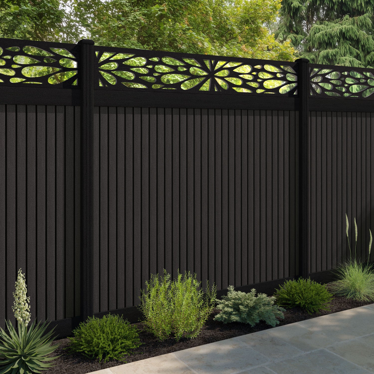 Virtis Blossom Fence Panel - Dark Oak - with our aluminium posts