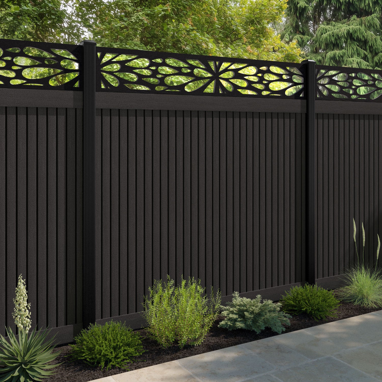Virtis Blossom Fence Panel - Dark Oak - with our composite posts