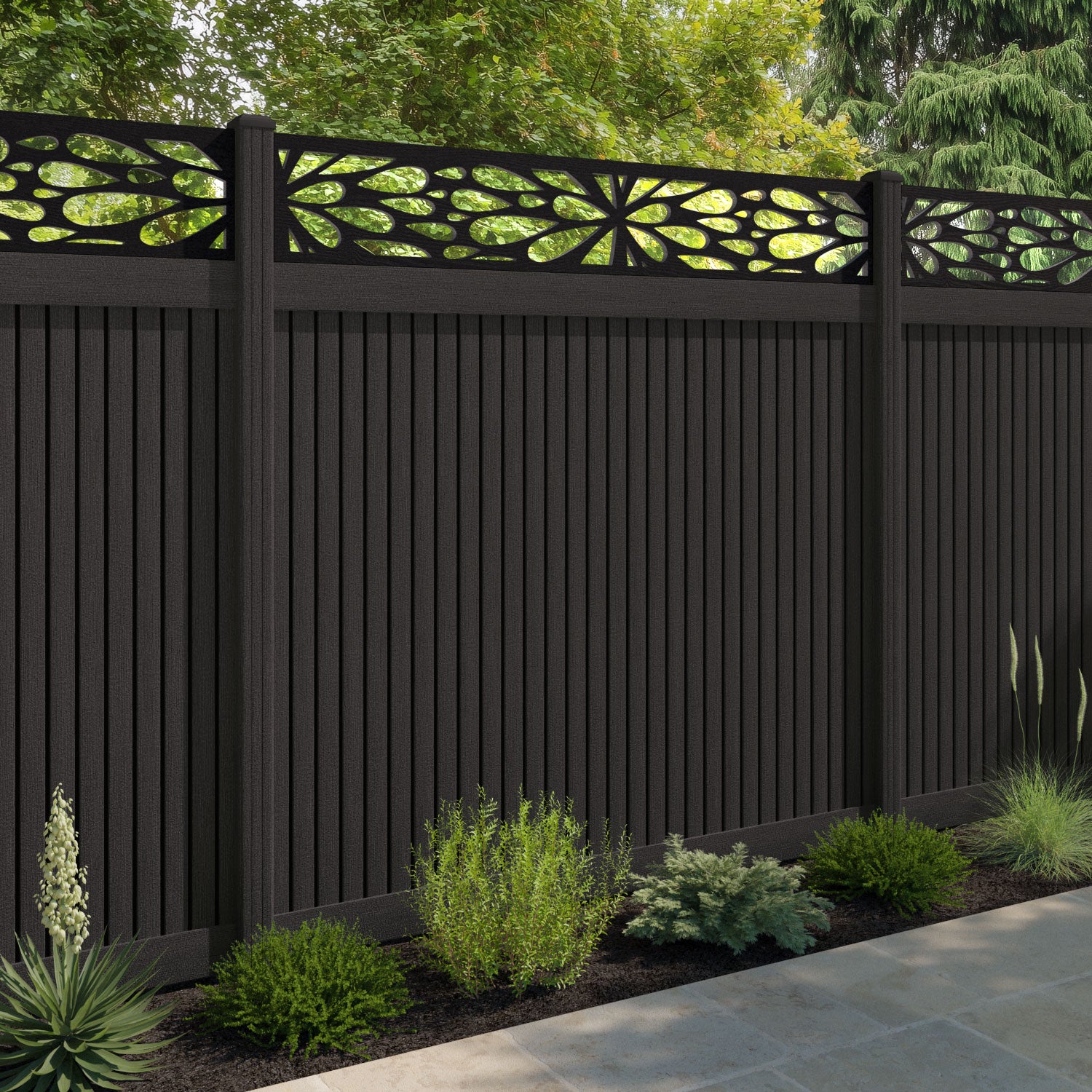 Virtis Blossom Fence Panel - Dark Oak - with our composite posts