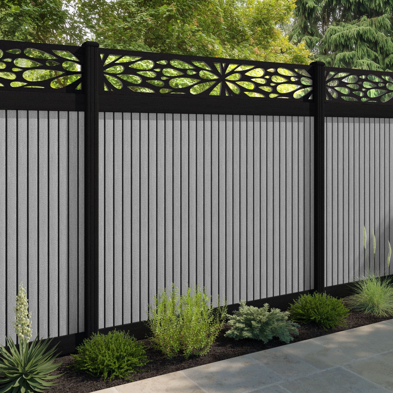 Virtis Blossom Fence Panel - Light Grey - with our composite posts