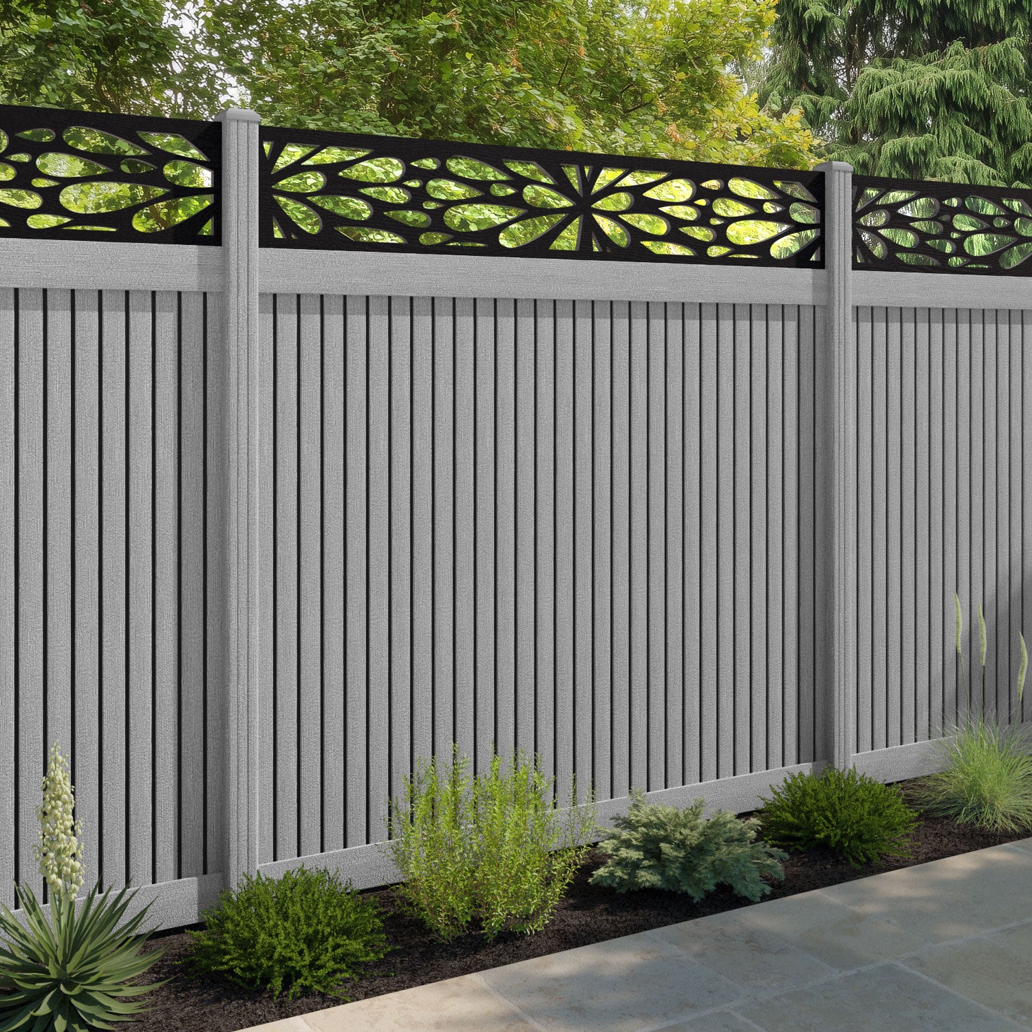 Virtis Blossom Fence Panel - Light Grey - with our composite posts