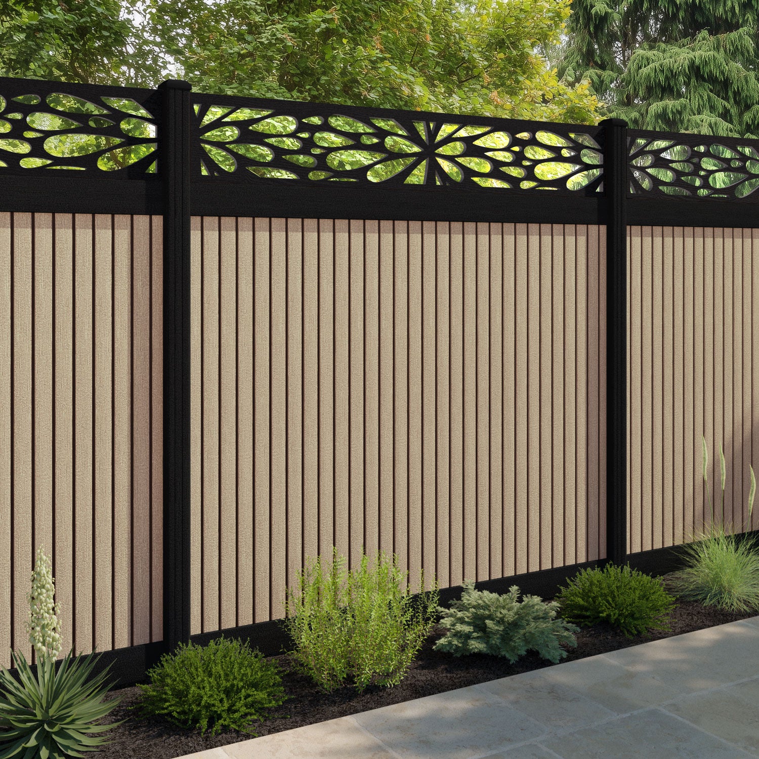 Virtis Blossom Fence Panel - Light Oak - with our aluminium posts