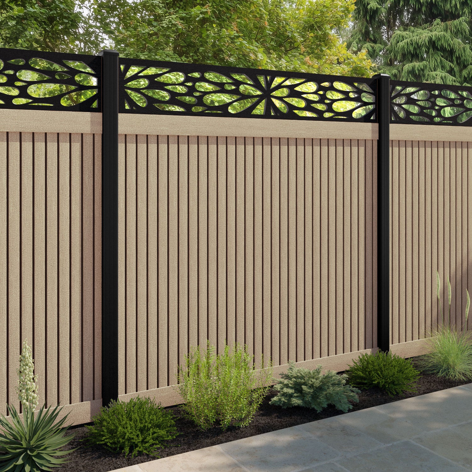 Virtis Blossom Fence Panel - Light Oak - with our aluminium posts