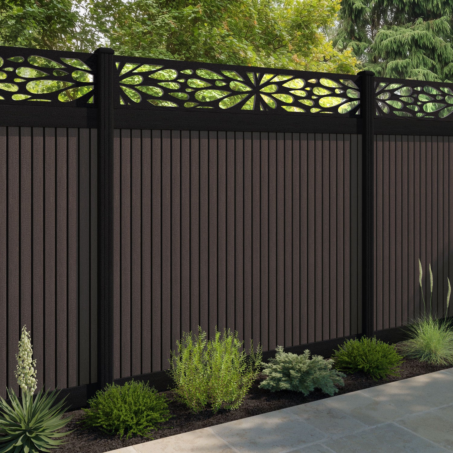 Virtis Blossom Fence Panel - Mid Brown - with our composite posts