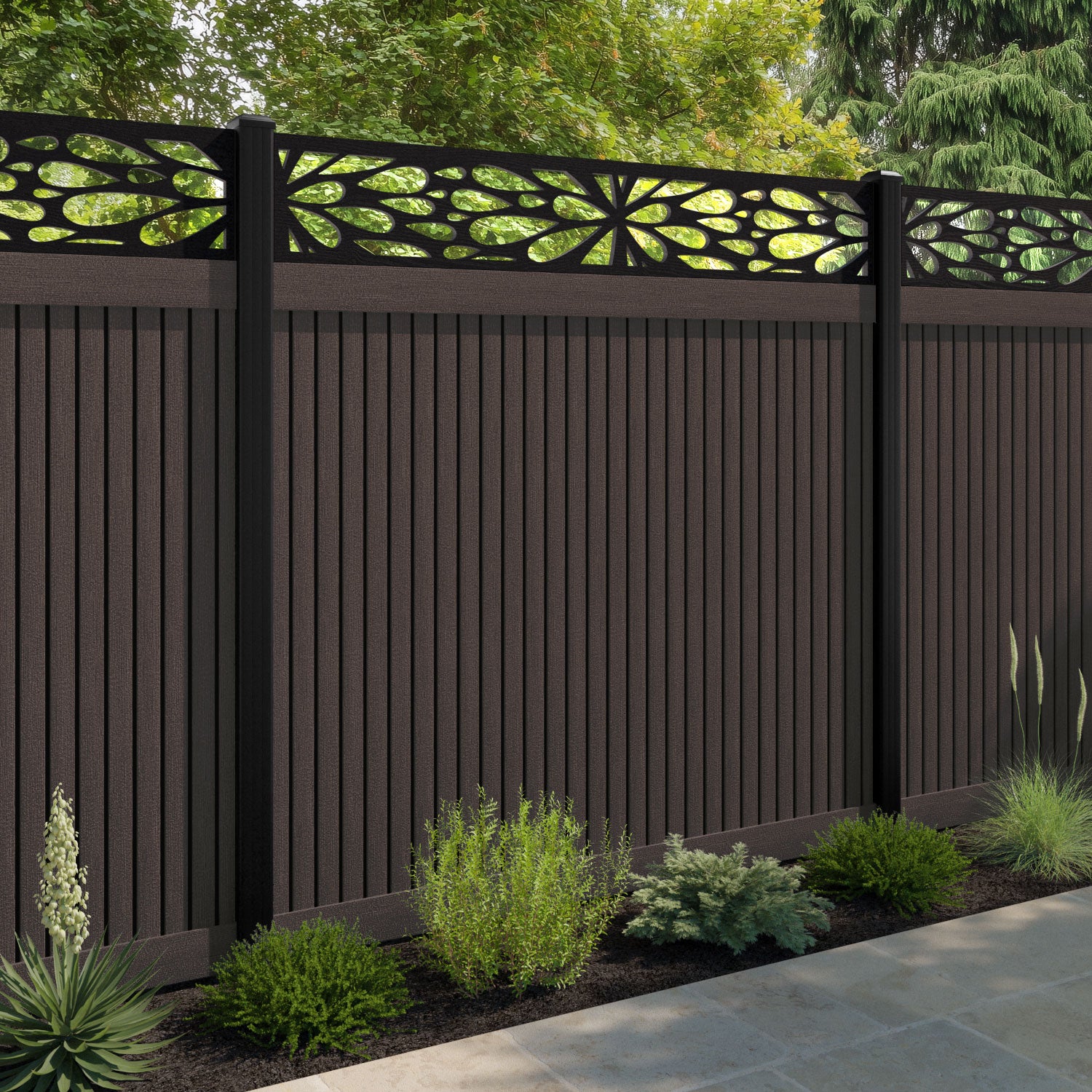 Virtis Blossom Fence Panel - Mid Brown - with our aluminium posts