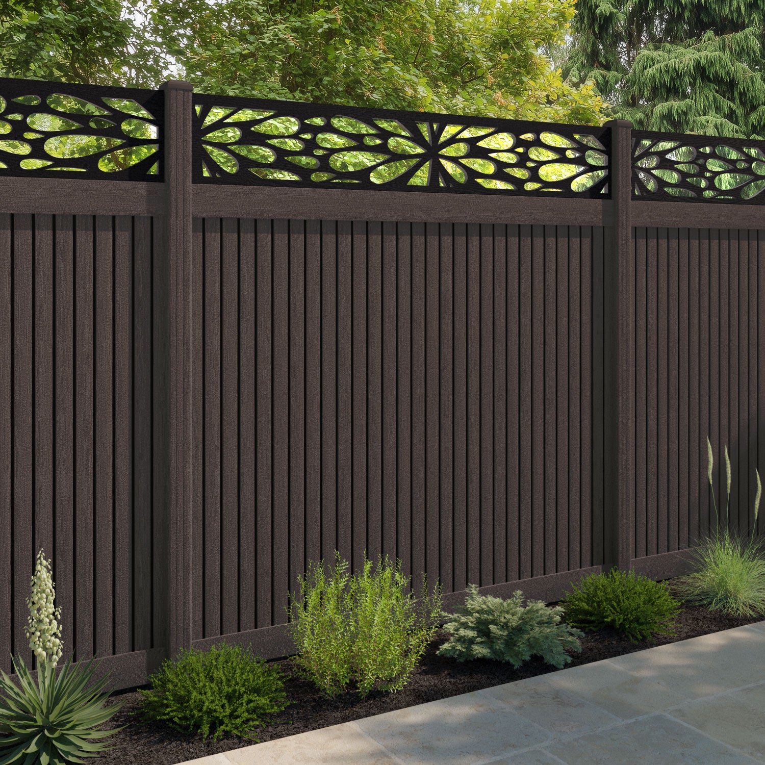 Virtis Blossom Fence Panel - Mid Brown - with our composite posts
