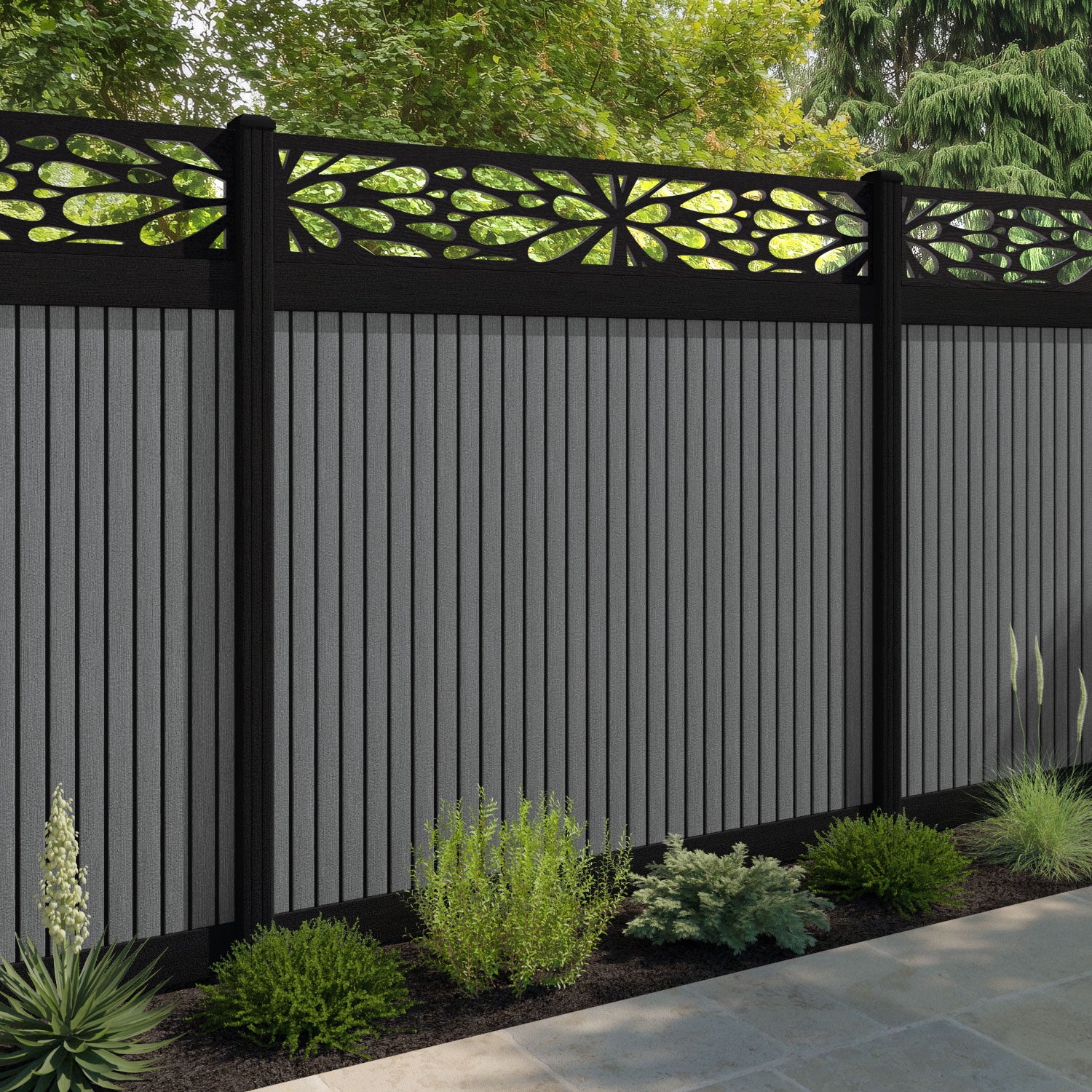 Virtis Blossom Fence Panel - Mid Grey - with our aluminium posts