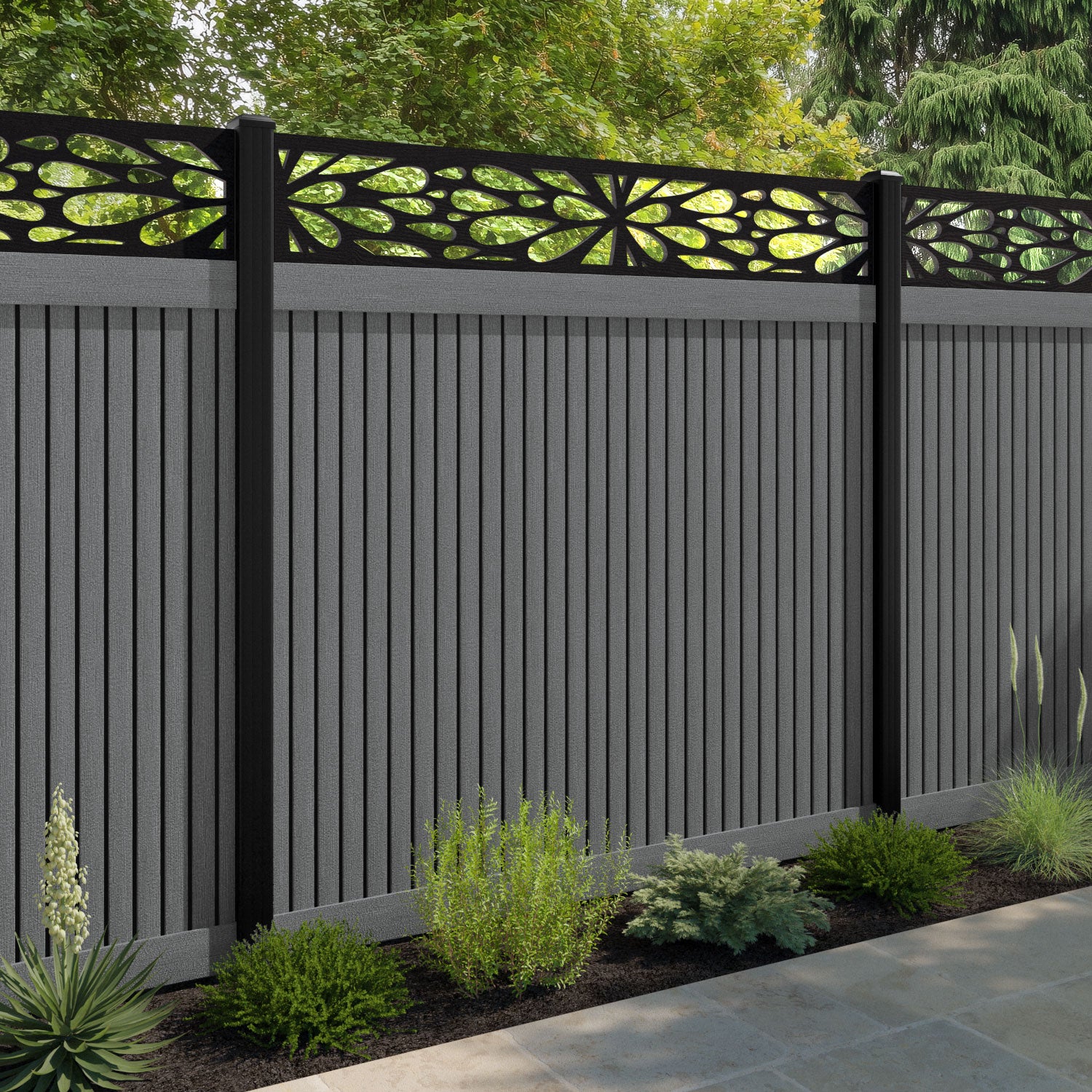 Virtis Blossom Fence Panel - Mid Grey - with our aluminium posts