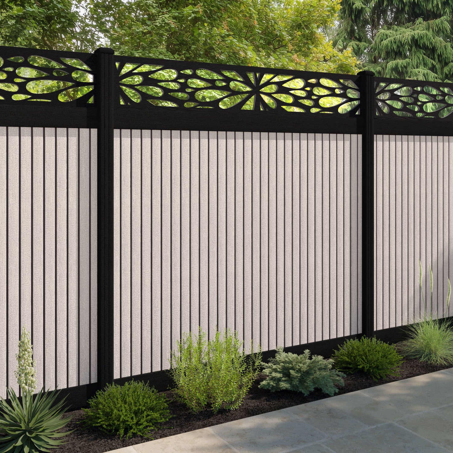 Virtis Blossom Fence Panel - Mid Stone - with our aluminium posts