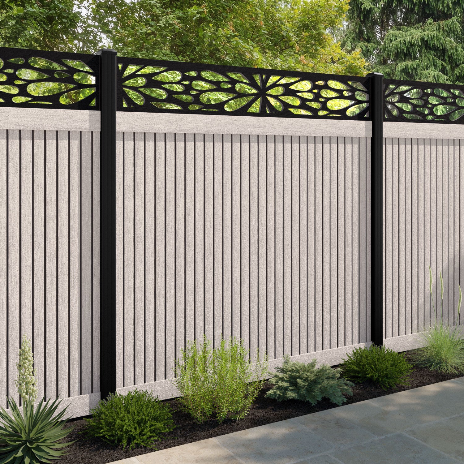Virtis Blossom Fence Panel - Mid Stone - with our composite posts