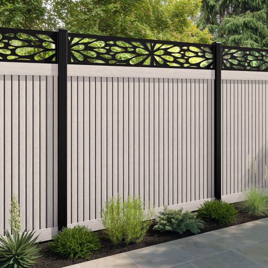 Virtis Blossom Fence Panel - Mid Stone - with our aluminium posts