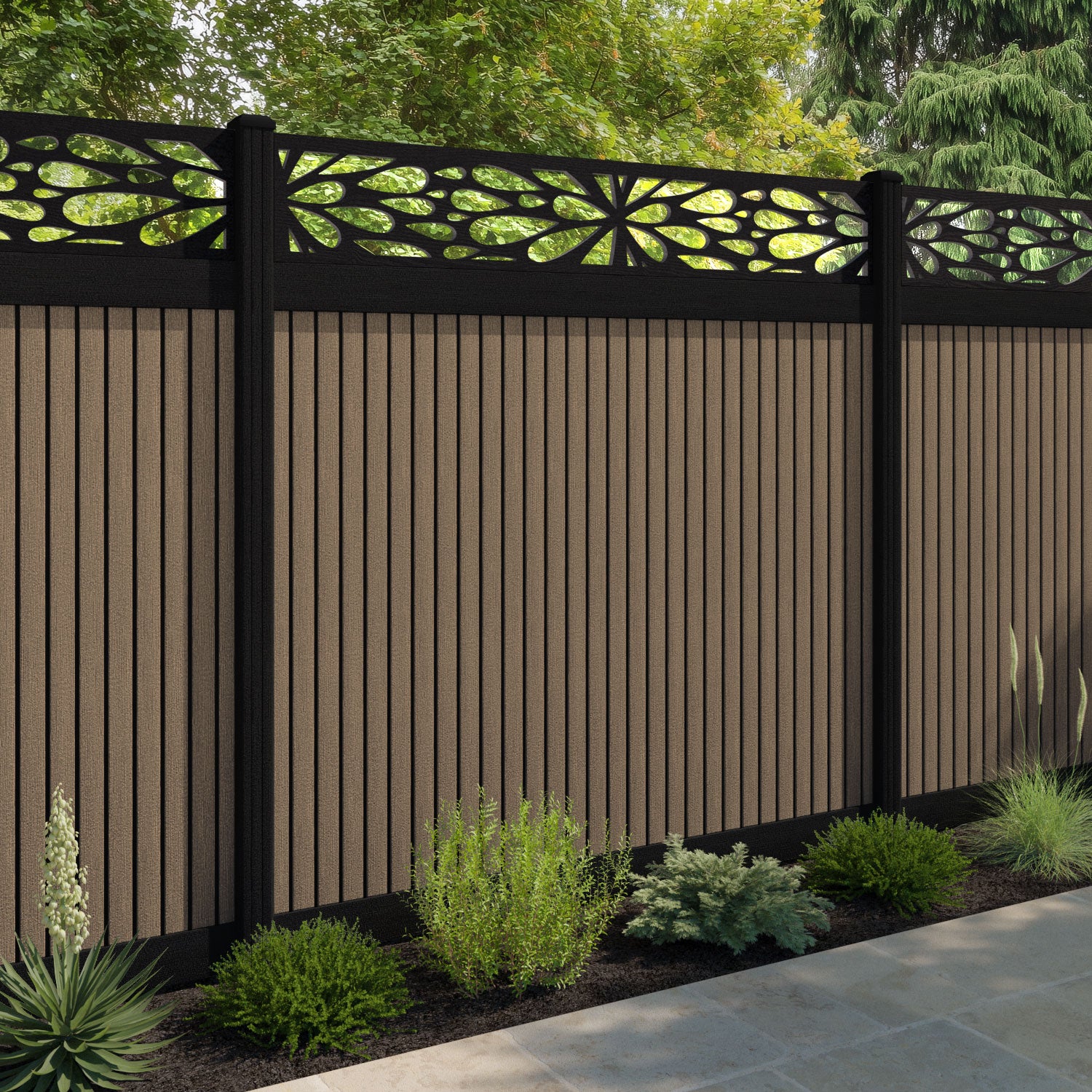 Virtis Blossom Fence Panel - Teak - with our aluminium posts