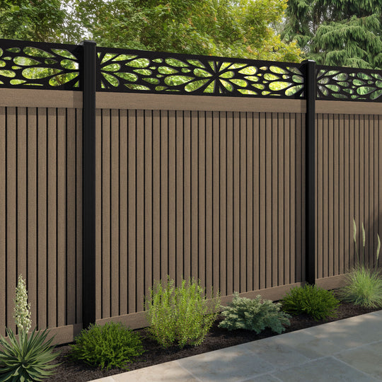Virtis Blossom Fence Panel - Teak - with our aluminium posts