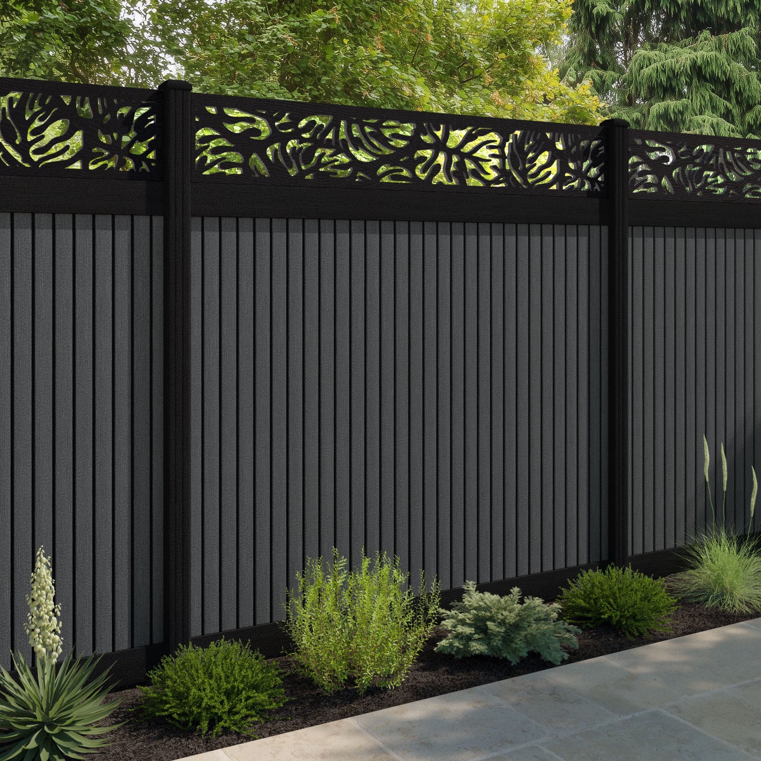 Virtis Botanic Fence Panel - Dark Grey - with our aluminium posts