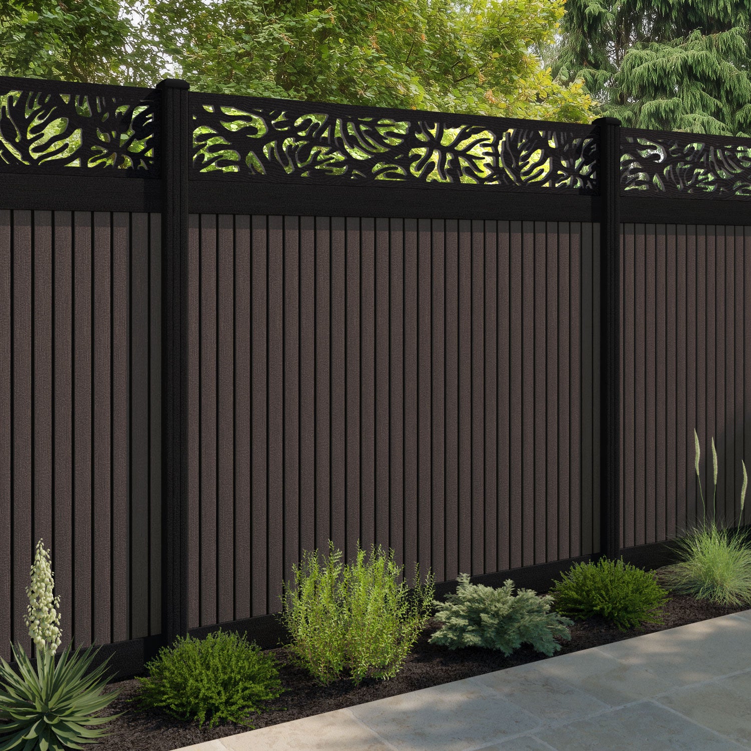 Virtis Botanic Fence Panel - Mid Brown - with our composite posts