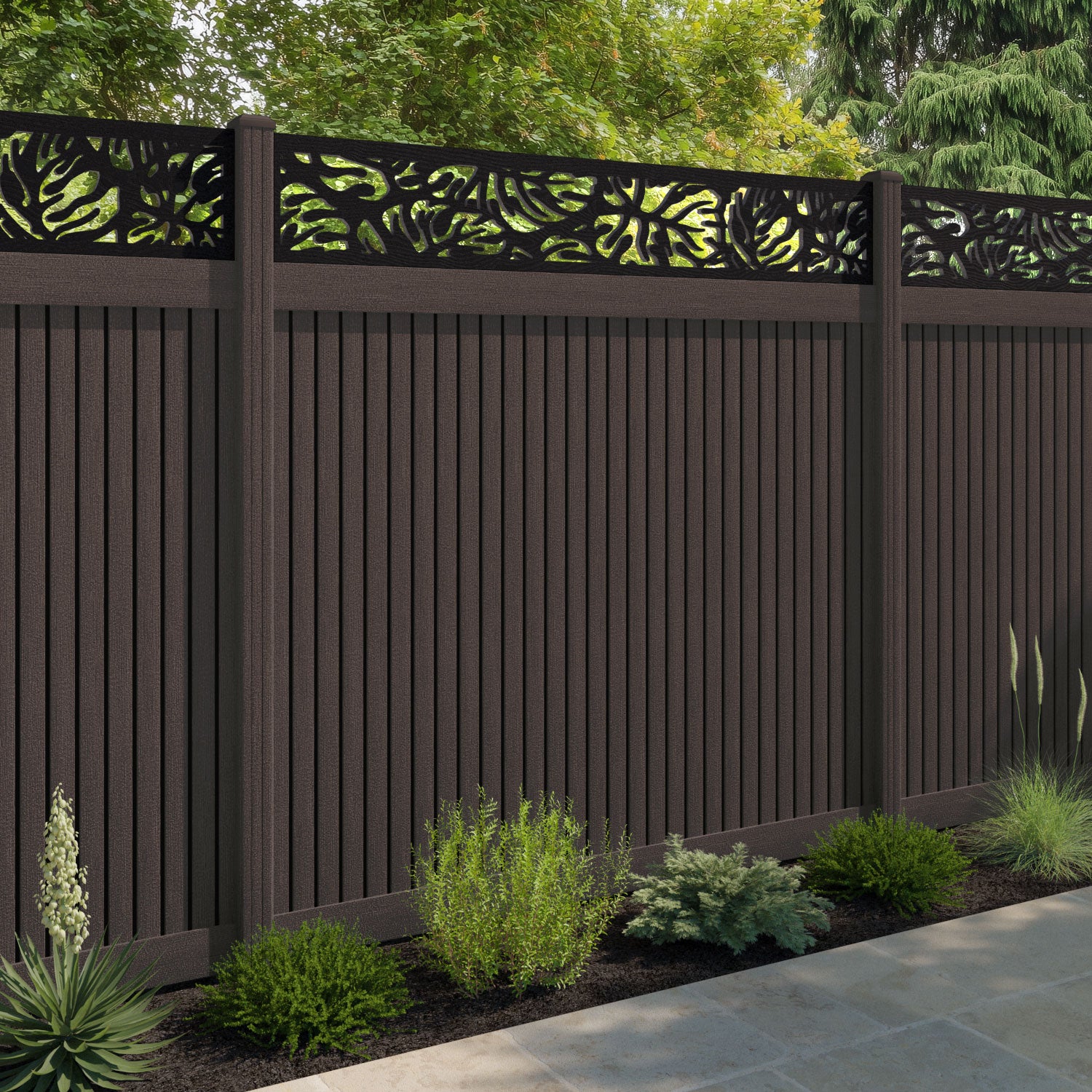 Virtis Botanic Fence Panel - Mid Brown - with our composite posts