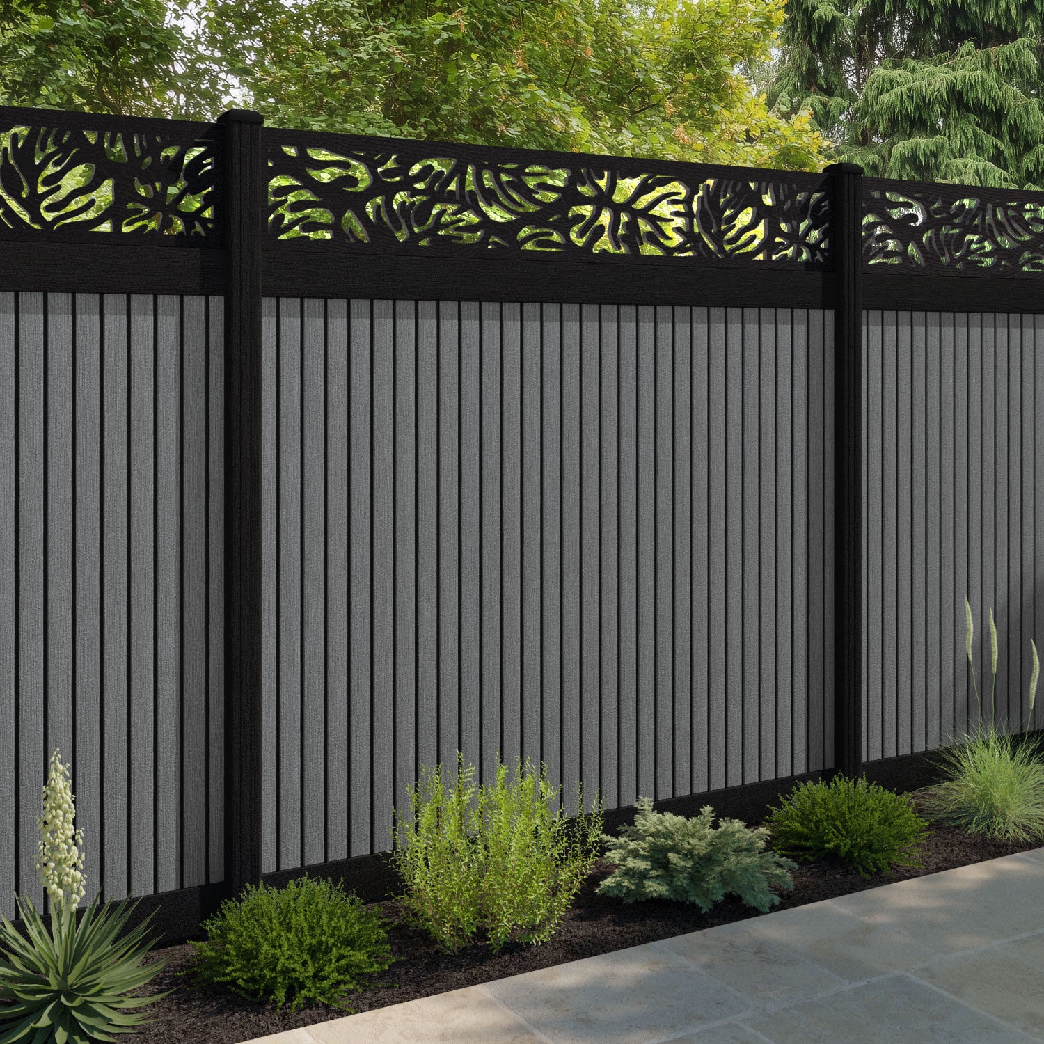Virtis Botanic Fence Panel - Mid Grey - with our aluminium posts