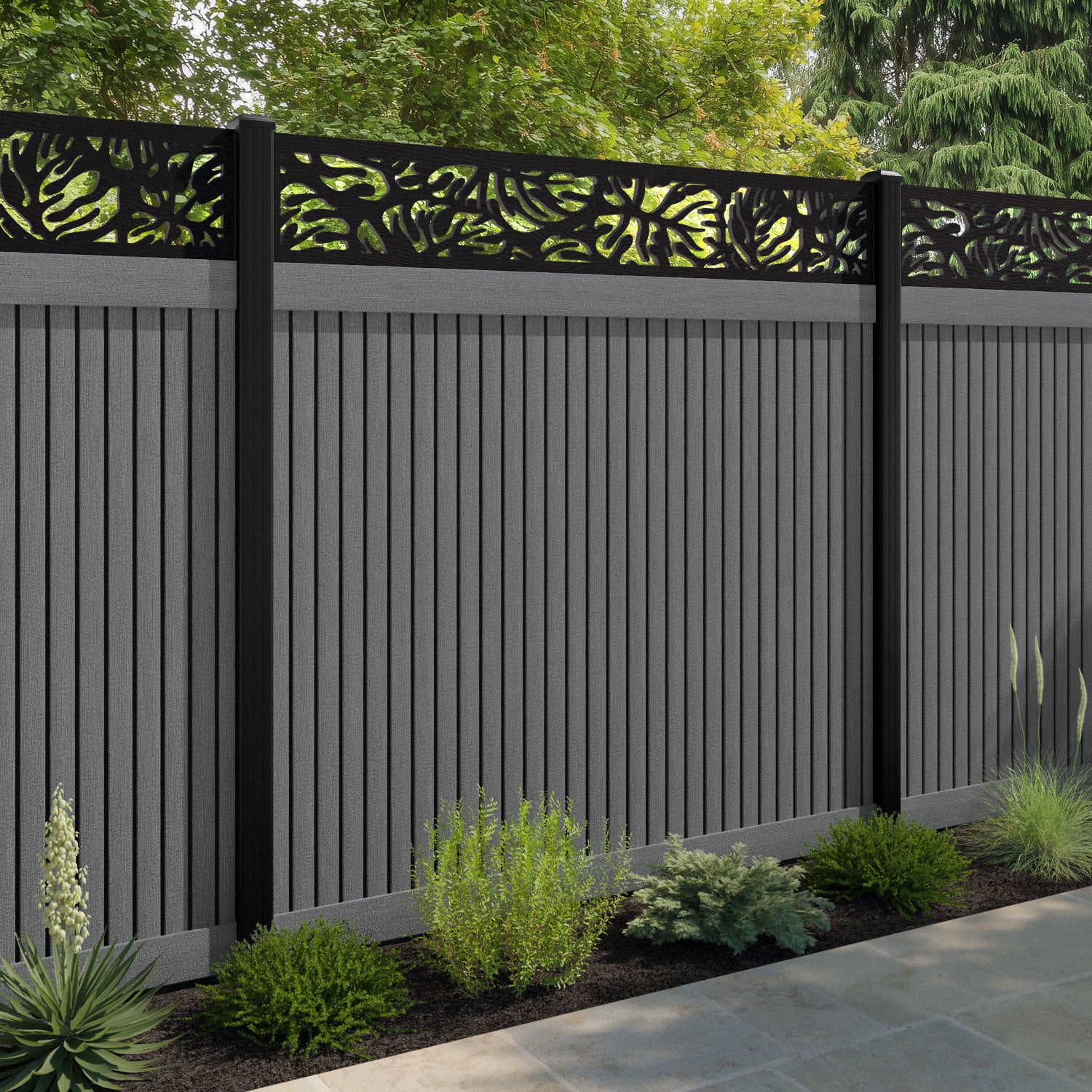 Virtis Botanic Fence Panel - Mid Grey - with our composite posts