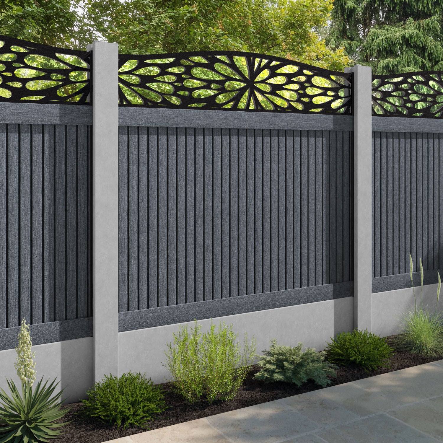 Virtis Blossom Curved Top Fence Panel - Anthracite - for existing concrete posts