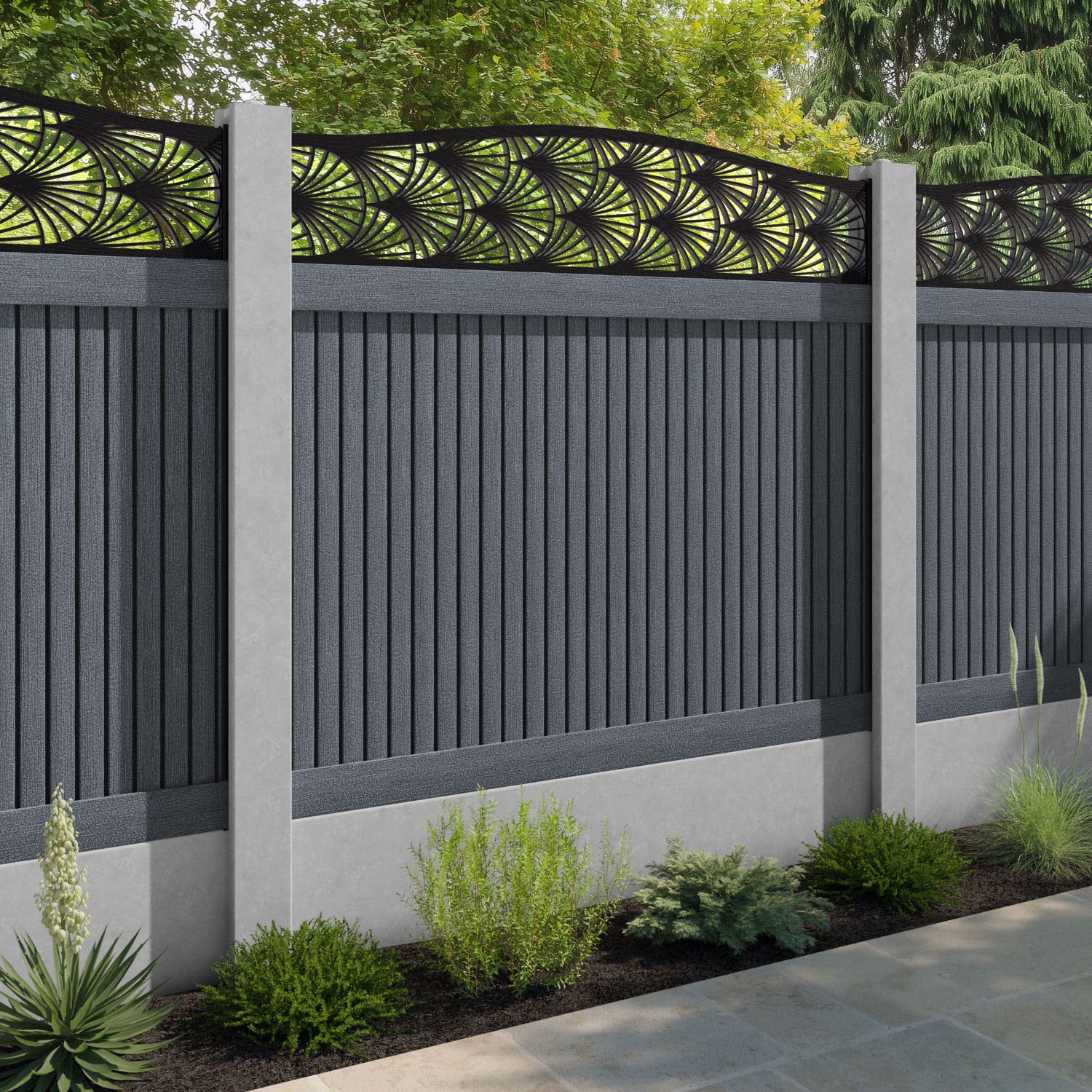 Virtis Laurel Curved Top Fence Panel - Anthracite - for existing concrete posts