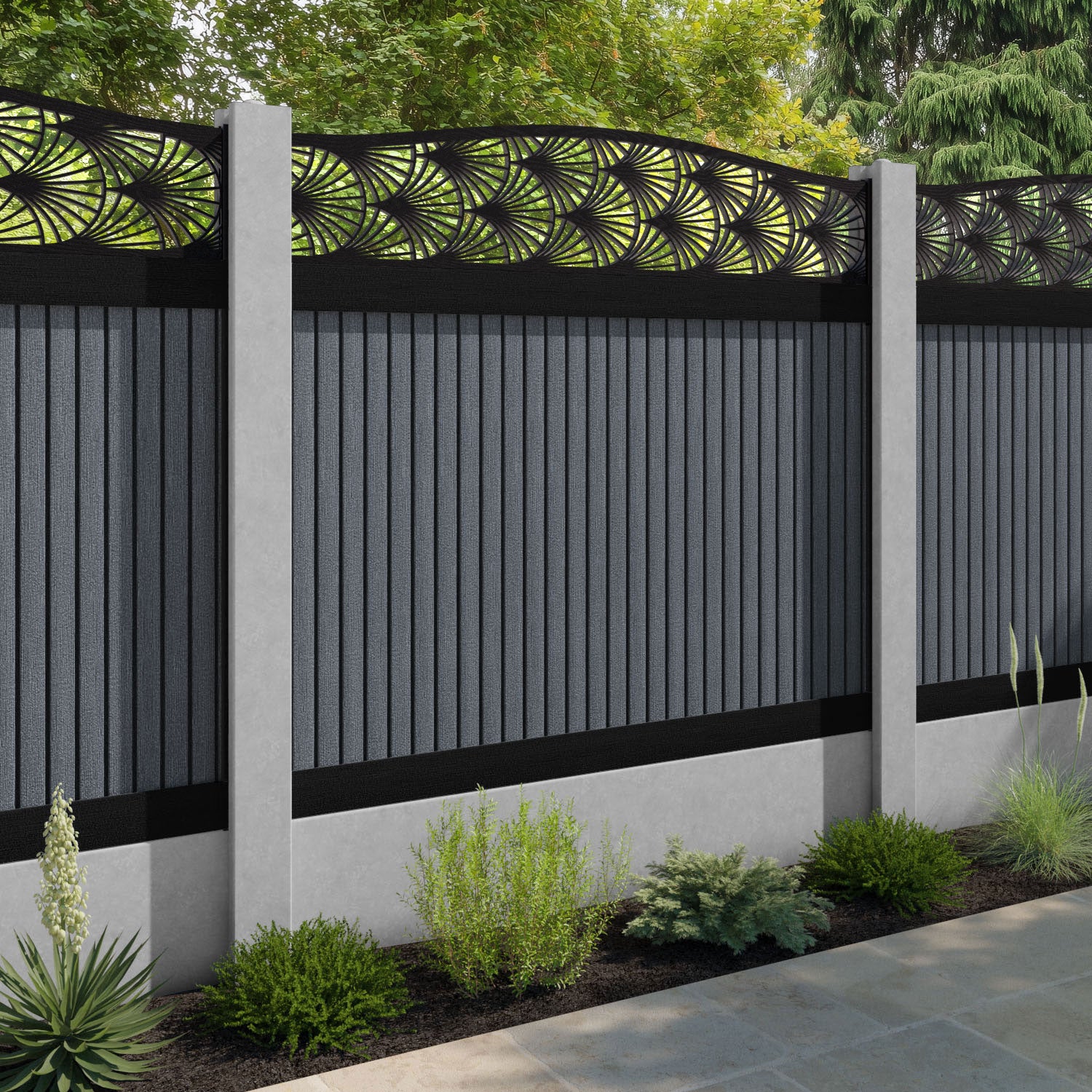 Virtis Laurel Curved Top Fence Panel - Anthracite - for existing concrete posts