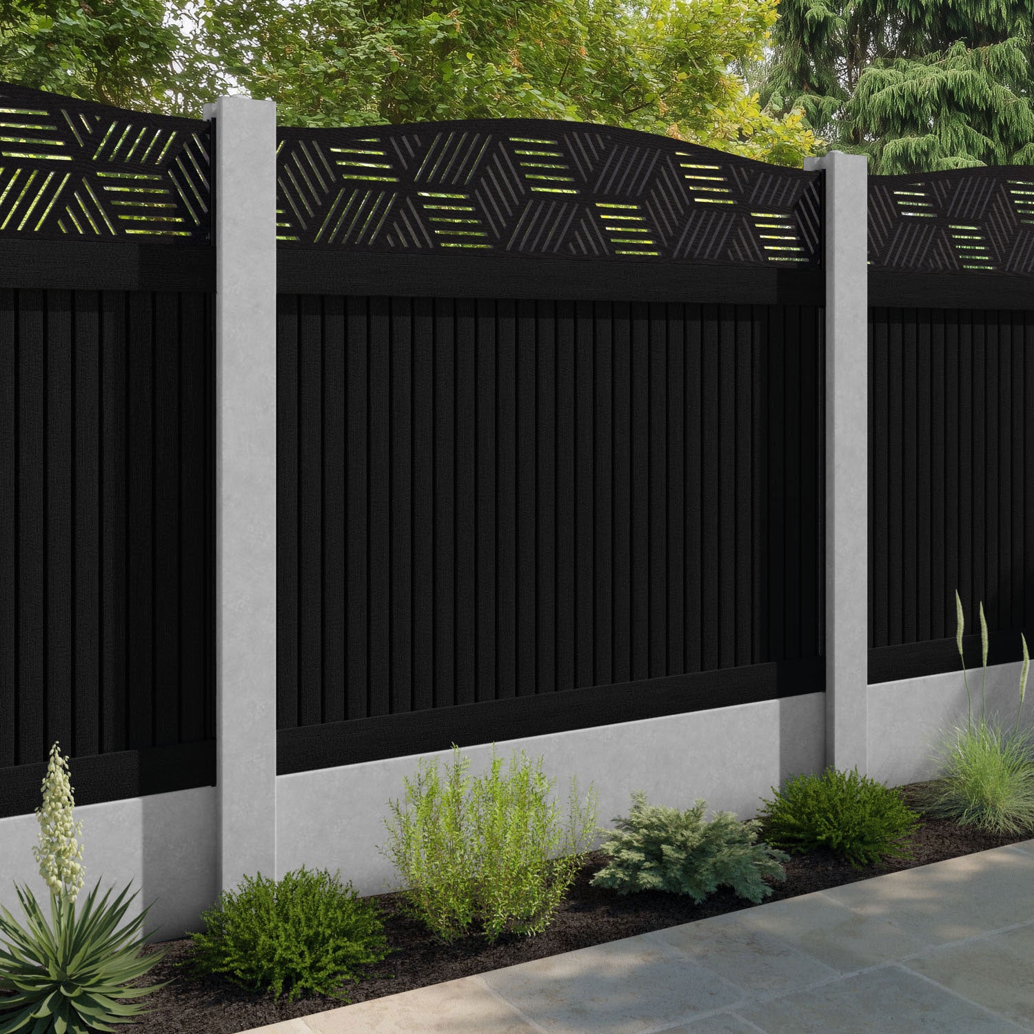 Virtis Cubed Curved Top Fence Panel - Black - for existing concrete posts