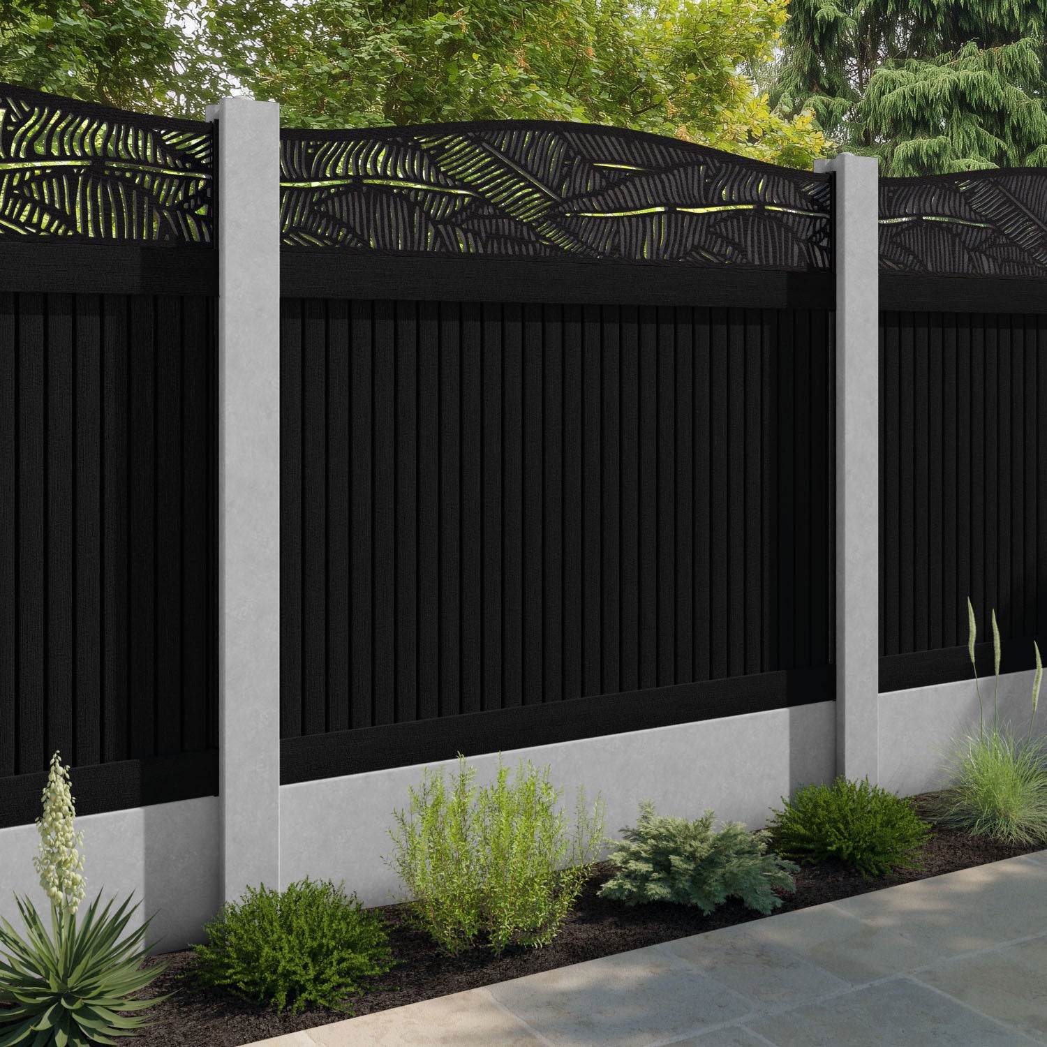 Virtis Feather Curved Top Fence Panel - Black - for existing concrete posts