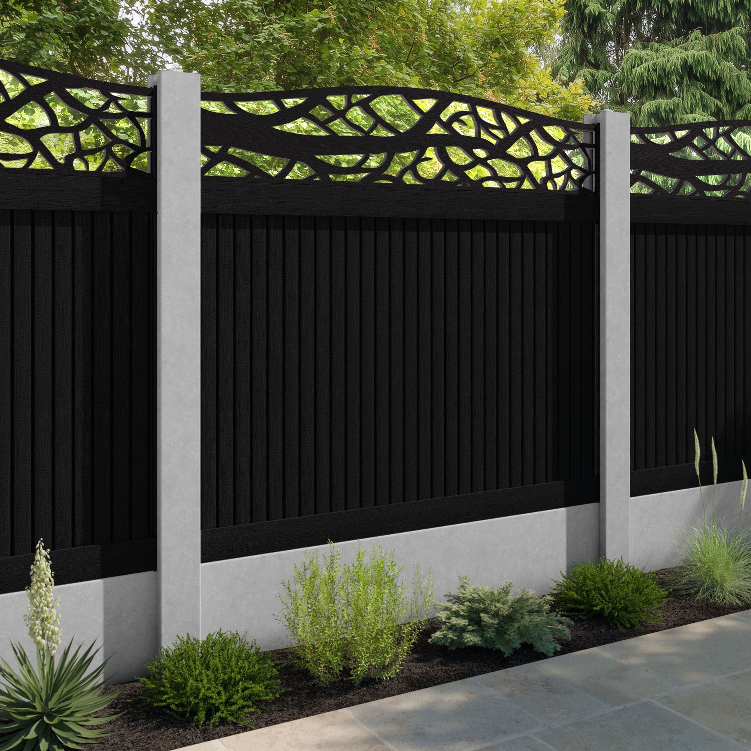 Virtis Twilight Curved Top Fence Panel - Black - for existing concrete posts
