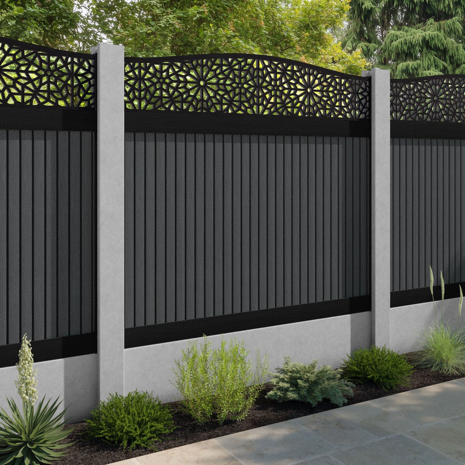 Virtis Alnara Curved Top Fence Panel - Dark Grey - for existing concrete posts