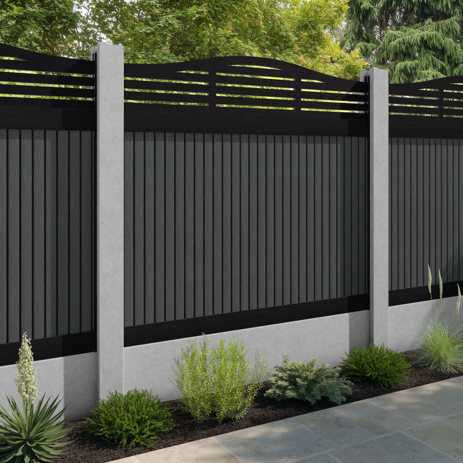 Virtis Aspen Curved Top Fence Panel - Dark Grey - for existing concrete posts