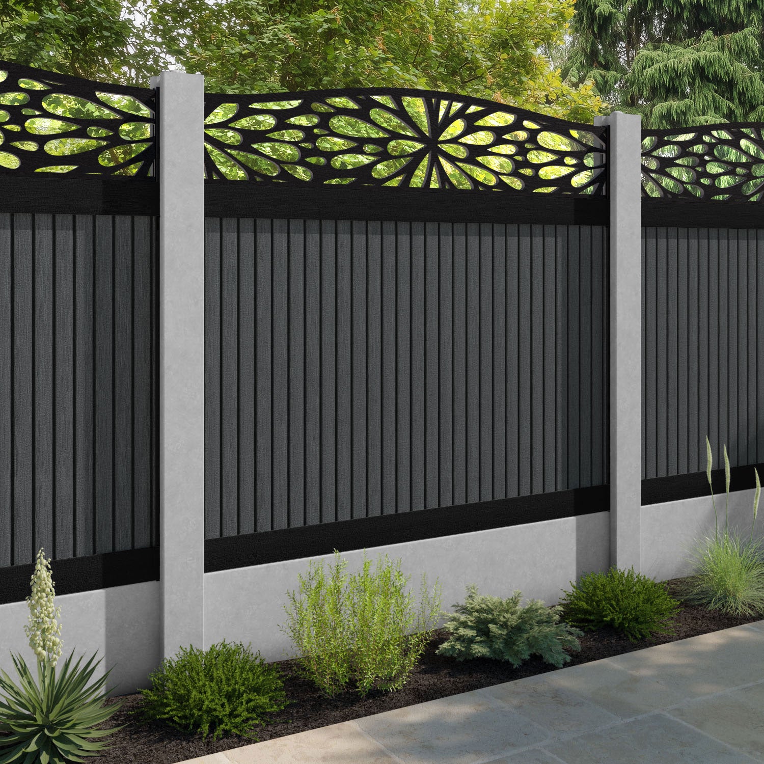 Virtis Blossom Curved Top Fence Panel - Dark Grey - for existing concrete posts