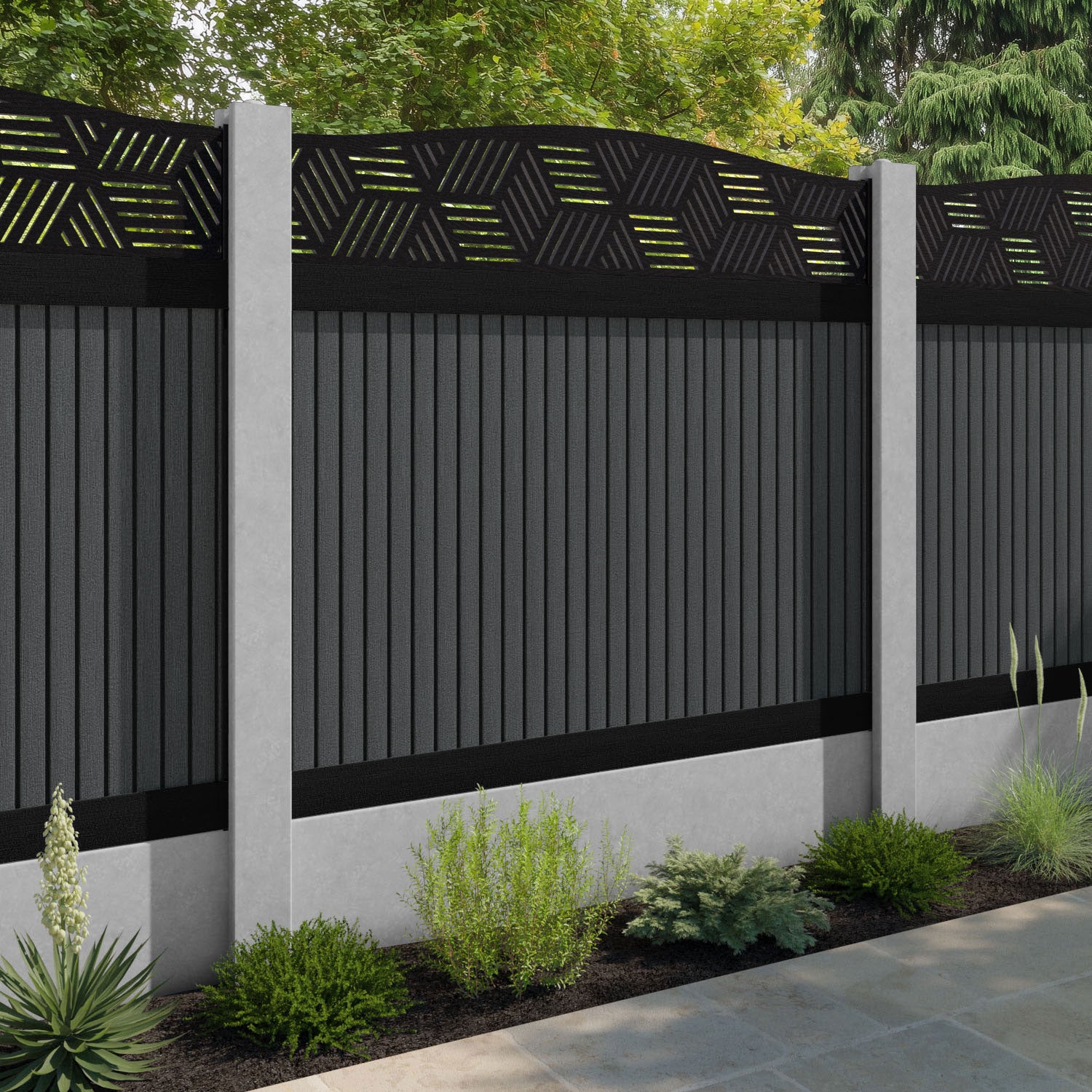 Virtis Cubed Curved Top Fence Panel - Dark Grey - for existing concrete posts